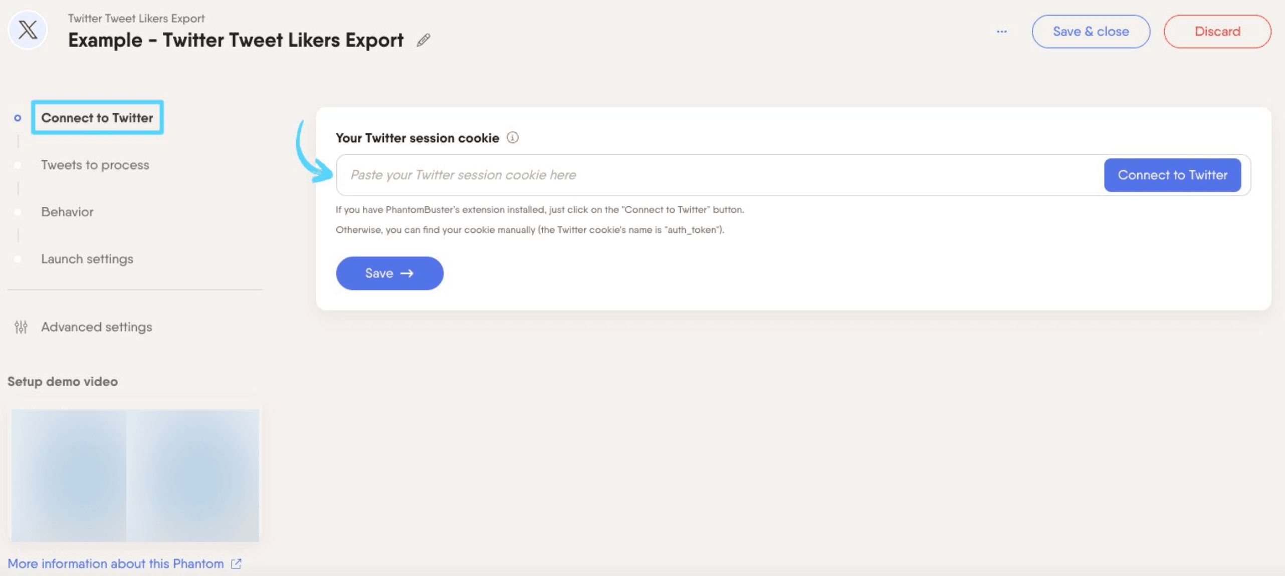 PhantomBuster Twitter X Tweet Likers Export step 1 connecting your X/Twitter account