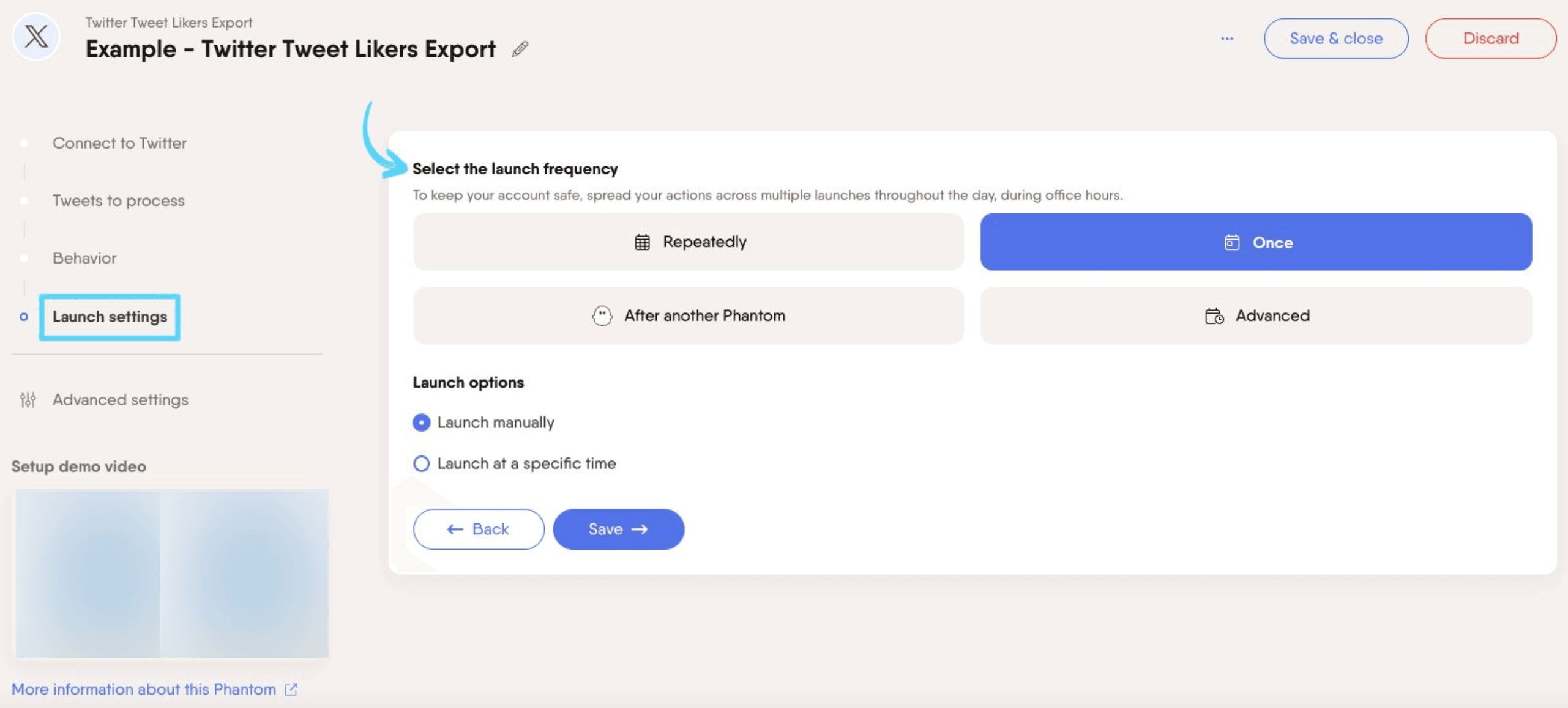 PhantomBuster Twitter X Tweet Likers Export step 4 selecting launch frequency