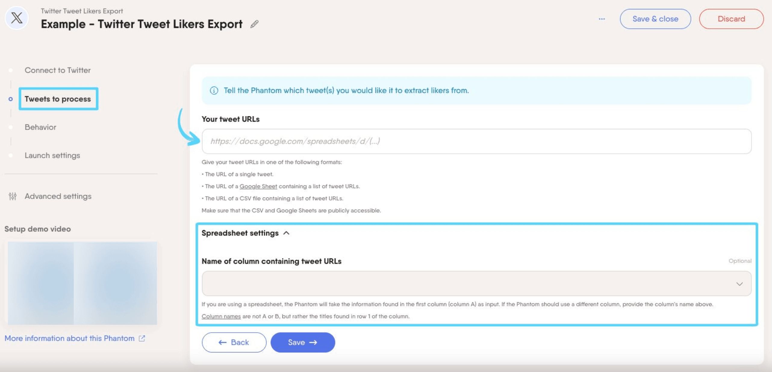 PhantomBuster Twitter X Tweet Likers Export step 2 providing tweet URLs as input