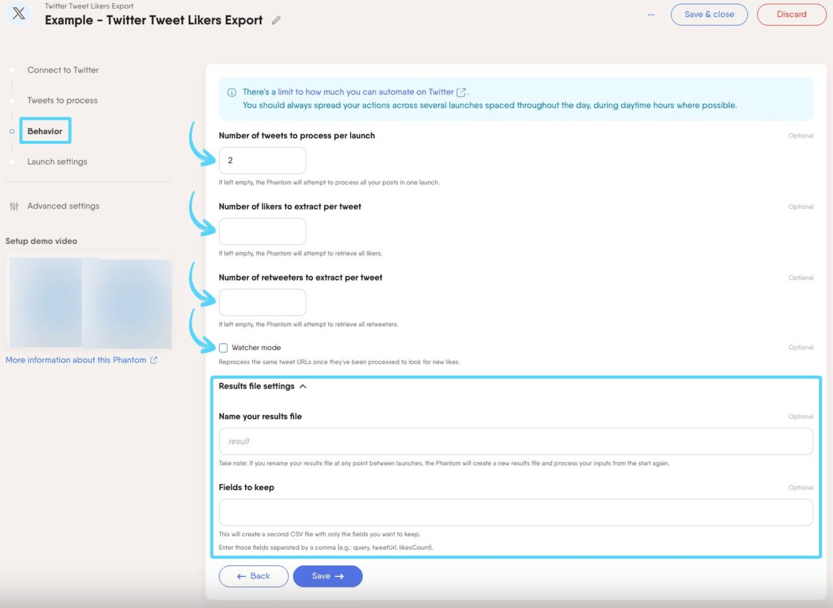 PhantomBuster Twitter X Tweet Likers Export step 3 configuring likers and retweeters limits and watcher mode