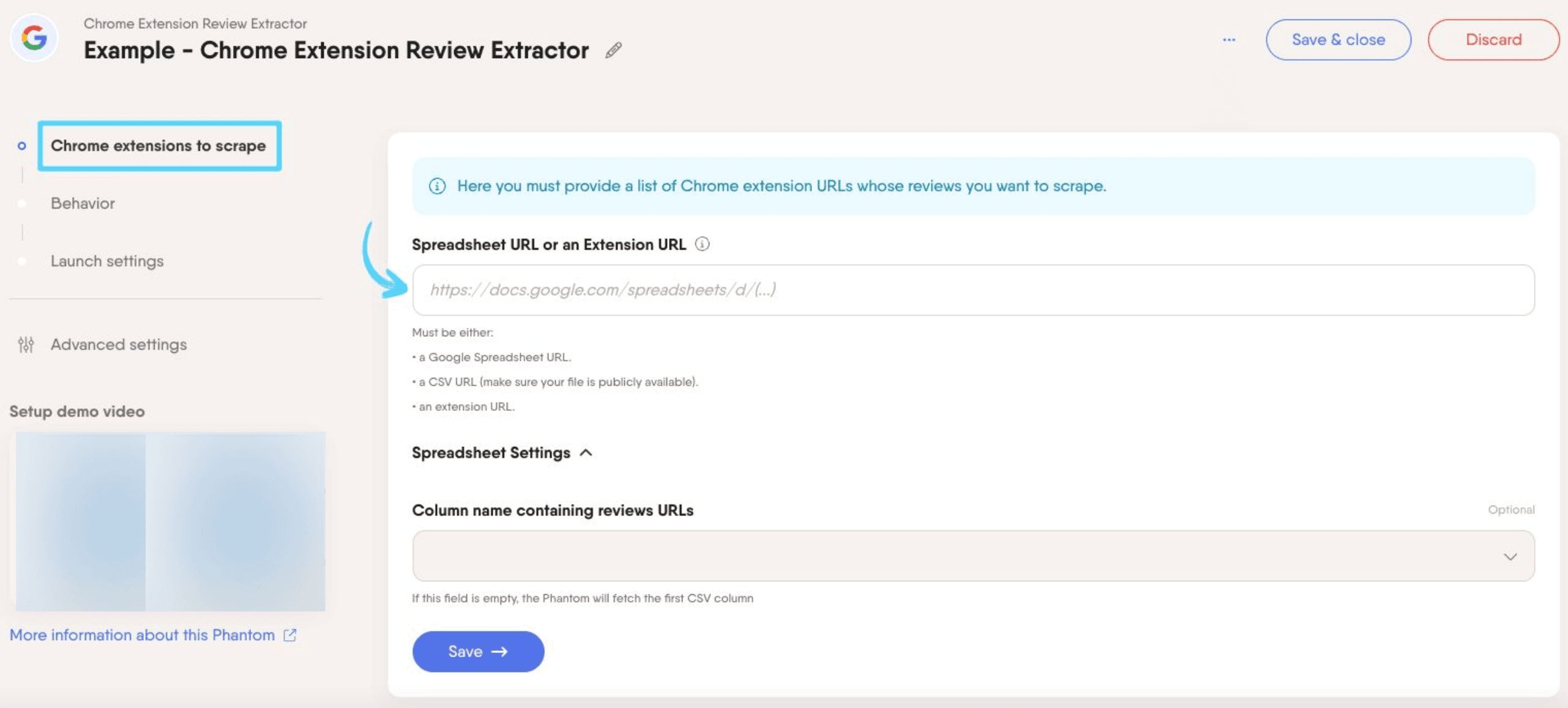 PhantomBuster Chrome Extension Review Extractor step 1 providing the Chrome extension URLs