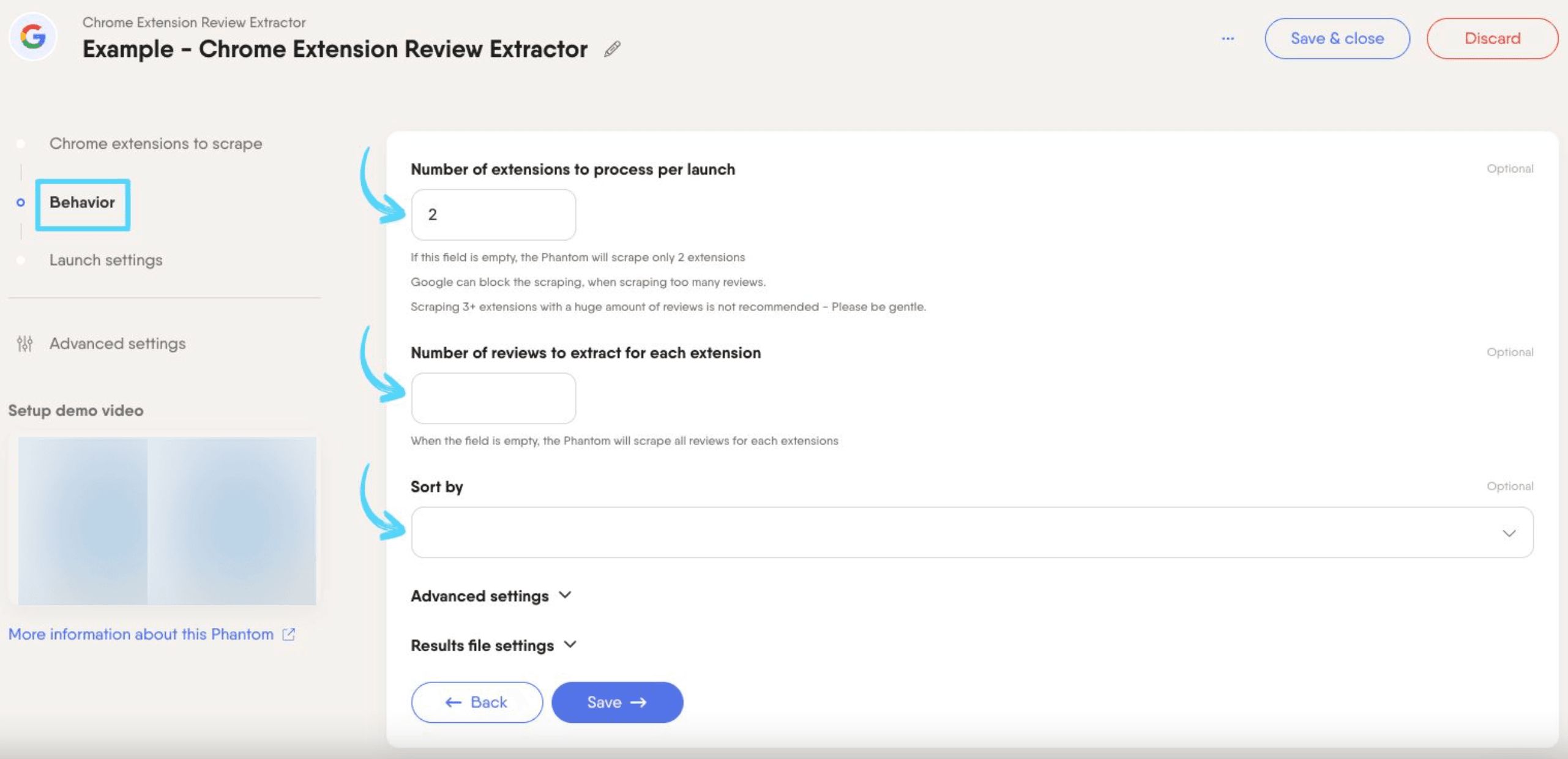 PhantomBuster Chrome Extension Review Extractor step 2 setting how many extensions and reviews to extract and the sort order