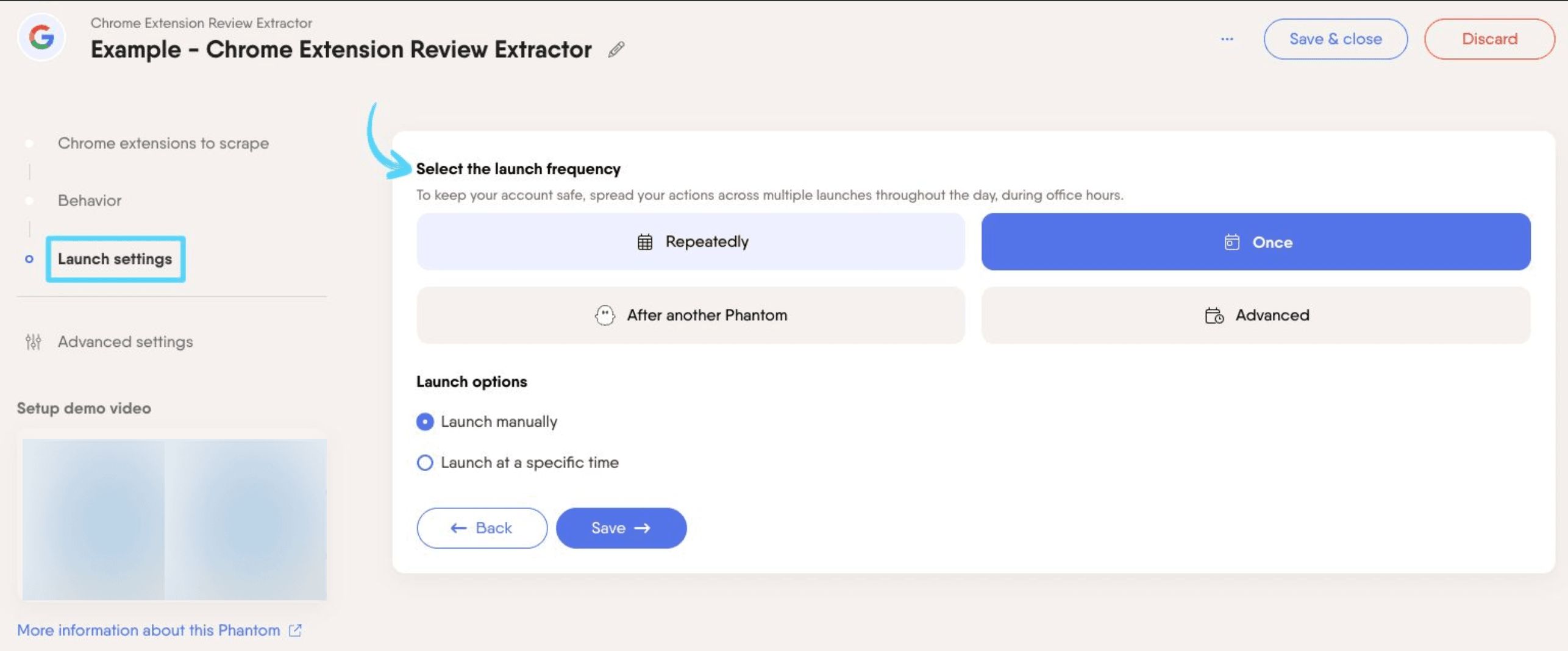PhantomBuster Chrome Extension Review Extractor step 3 selecting the launch frequency