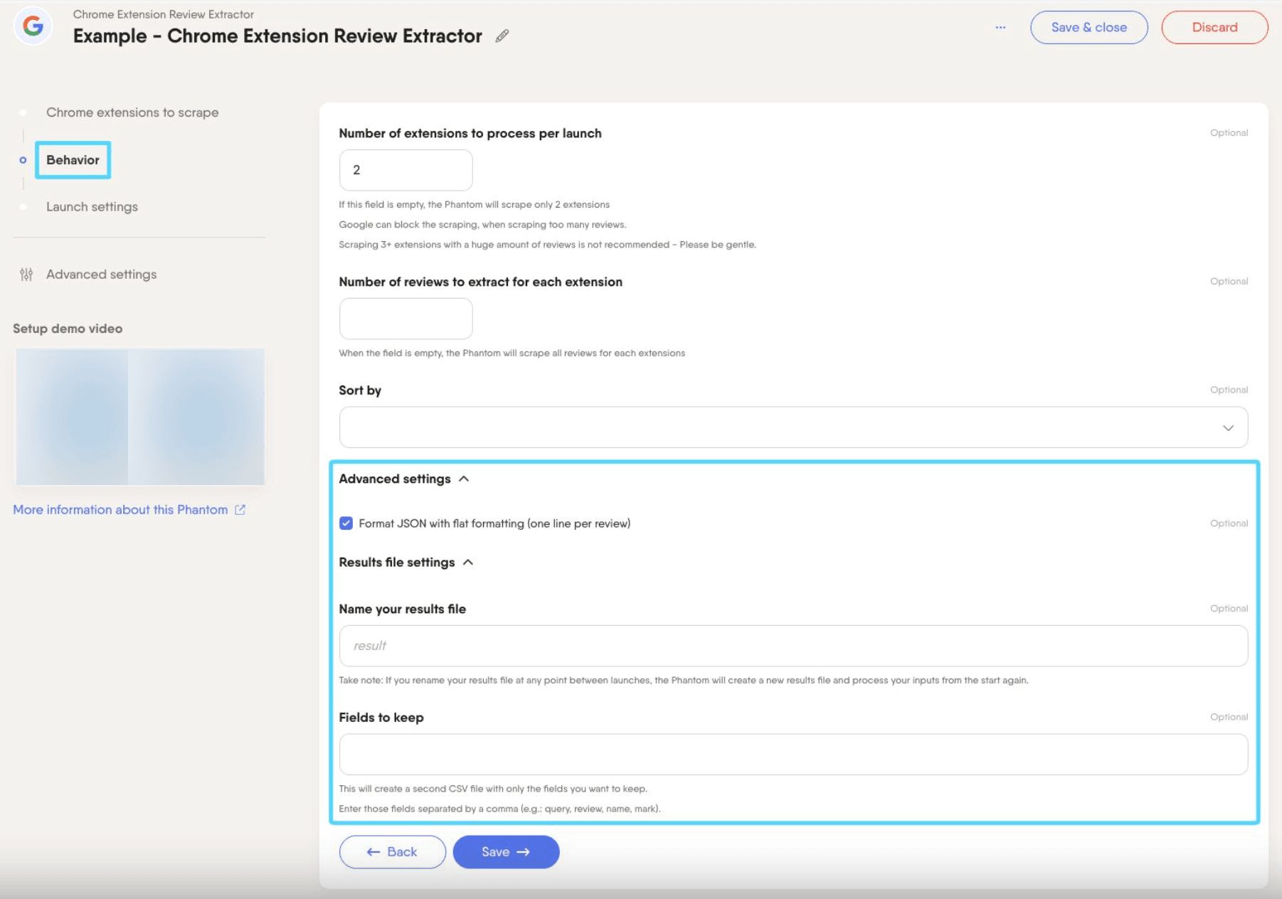 PhantomBuster Chrome Extension Review Extractor step 2 advanced and results file settings