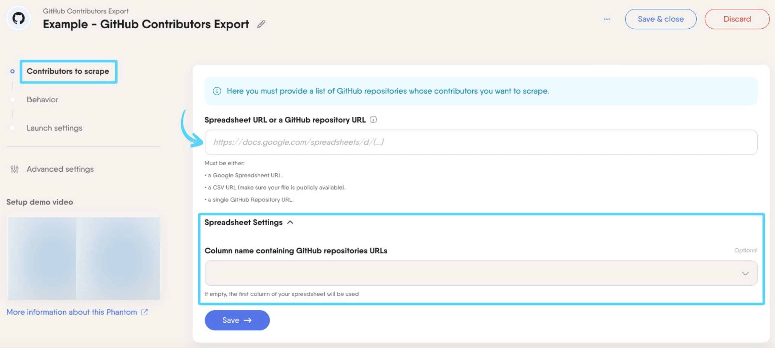 PhantomBuster GitHub Contributors Export step 1 providing the GitHub repository URLs