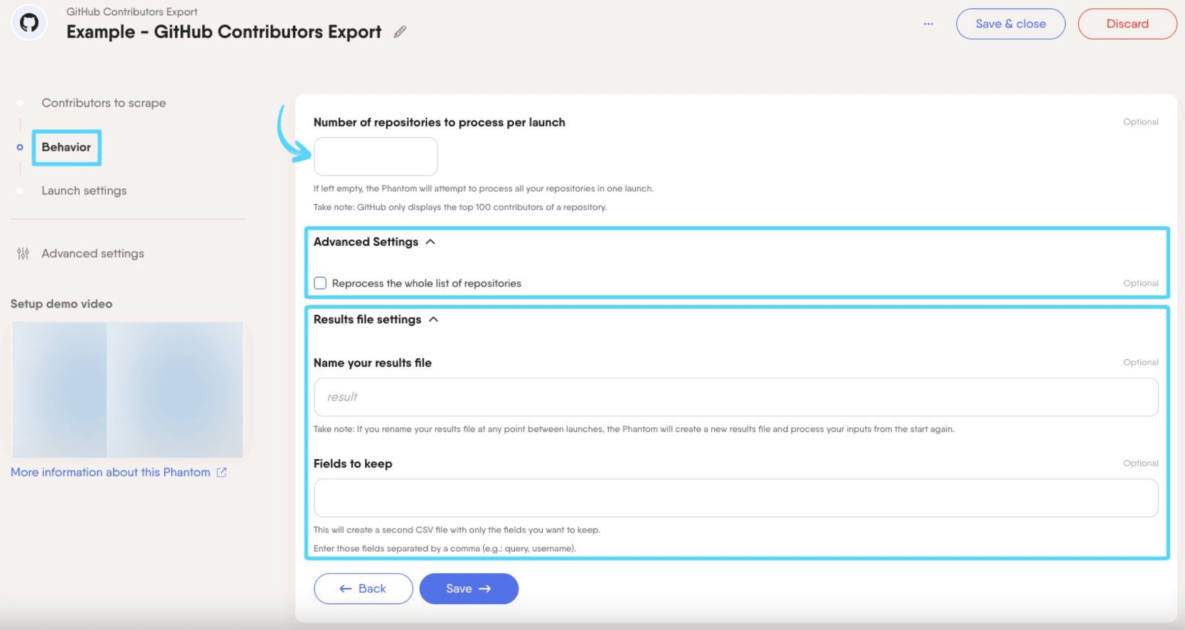 PhantomBuster GitHub Contributors Export step 2 configuring how many repositories to process and results settings