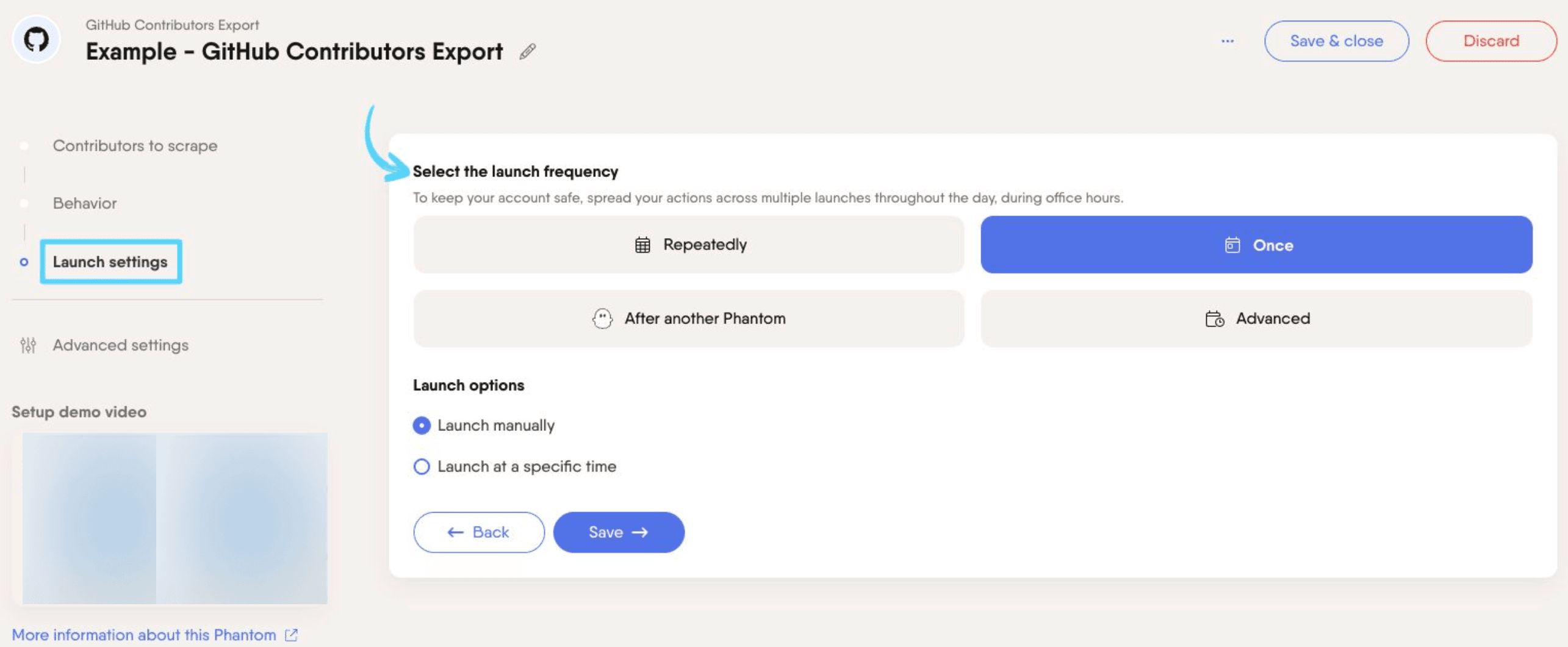 PhantomBuster GitHub Contributors Export step 3 selecting the launch frequency