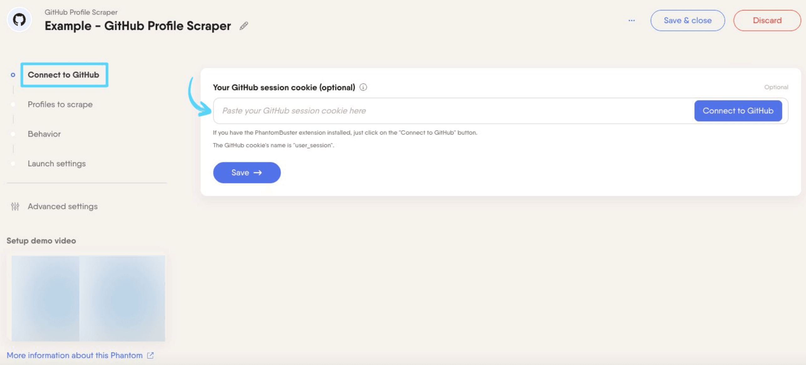 PhantomBuster GitHub Profile Scraper step 1 connecting a GitHub account