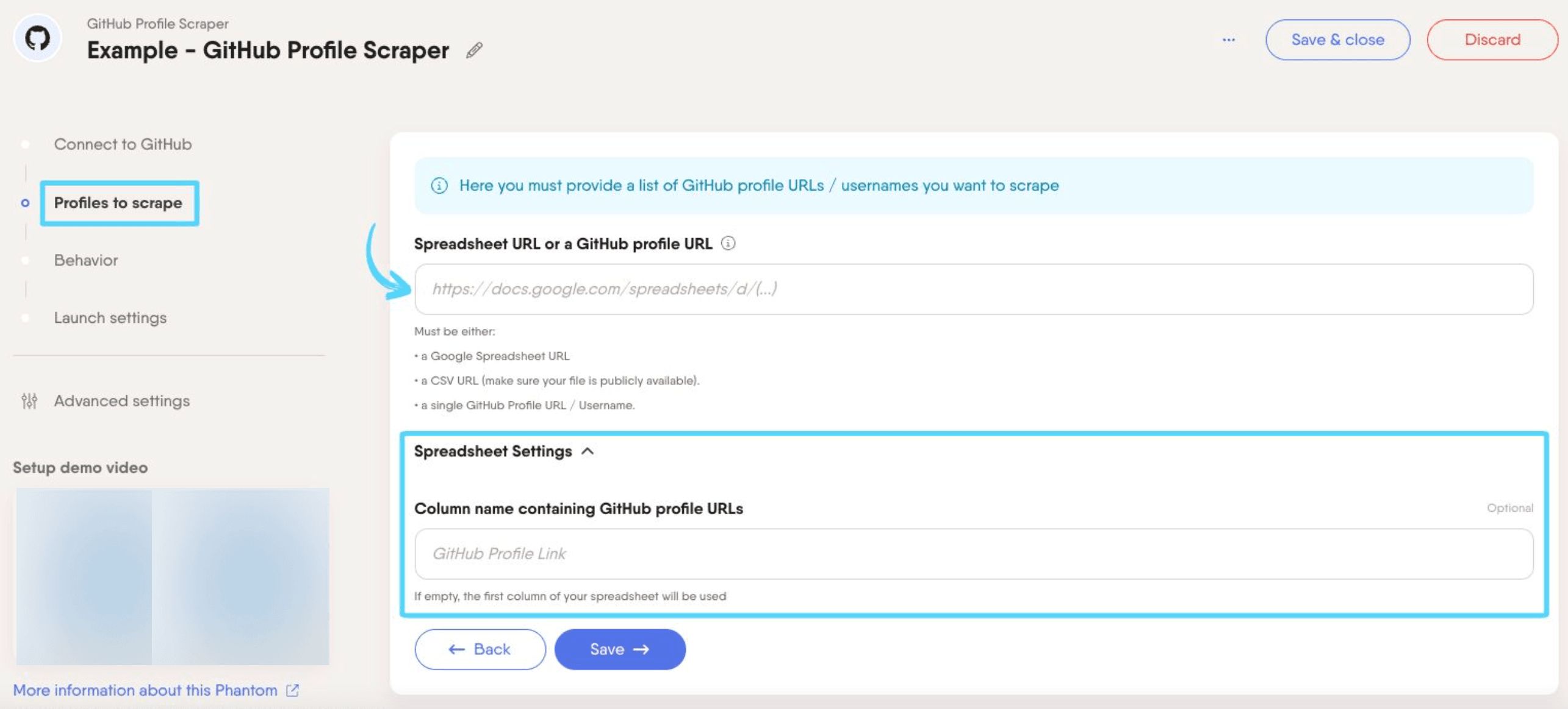 PhantomBuster GitHub Profile Scraper step 2 providing the GitHub profile URLs