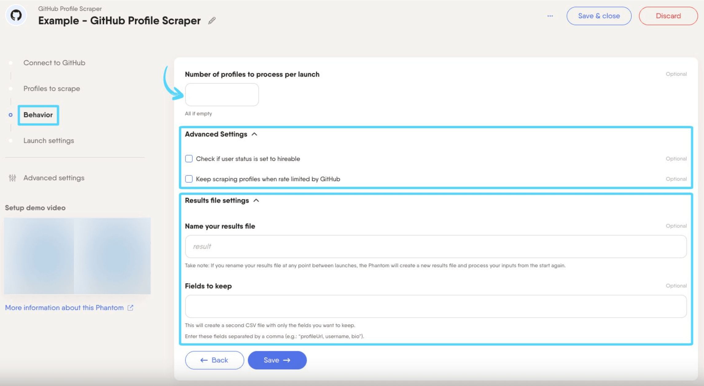 PhantomBuster GitHub Profile Scraper step 3 configuring the number of profiles to process per launch