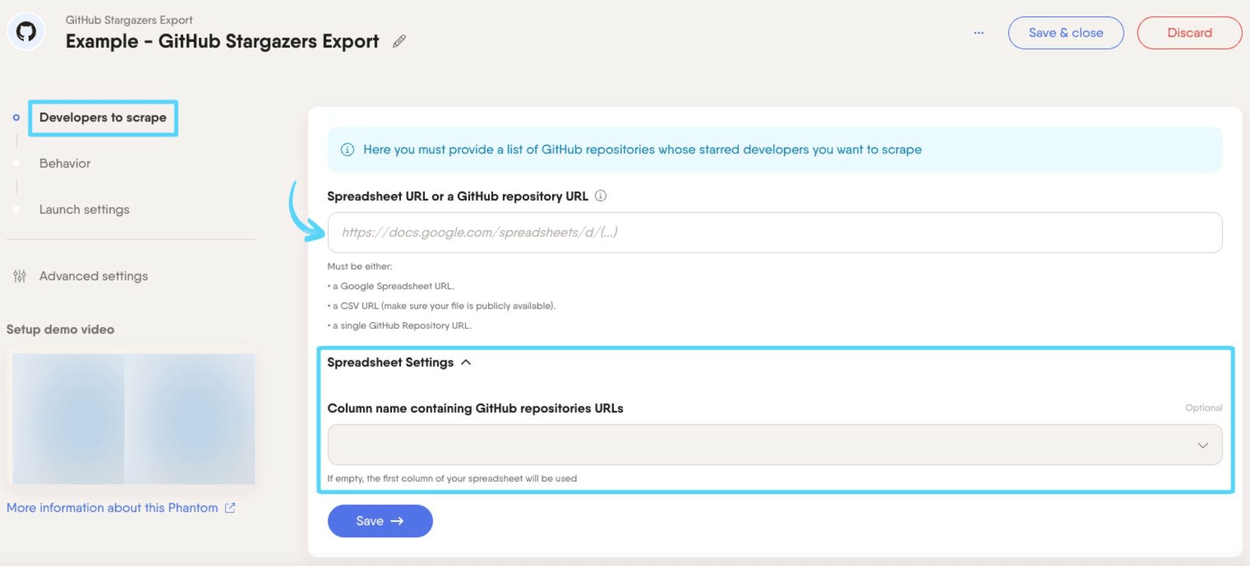 PhantomBuster GitHub Stargazers Export step 1 providing the GitHub repository URLs