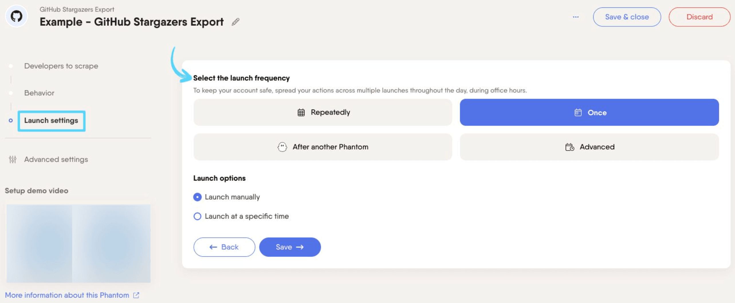 PhantomBuster GitHub Stargazers Export step 3 selecting the launch frequency