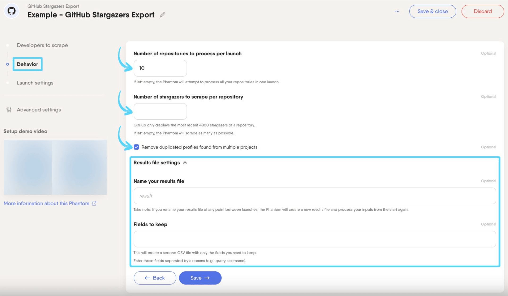 PhantomBuster GitHub Stargazers Export step 2 configuring repositories, stargazers per repo, and duplicate removal