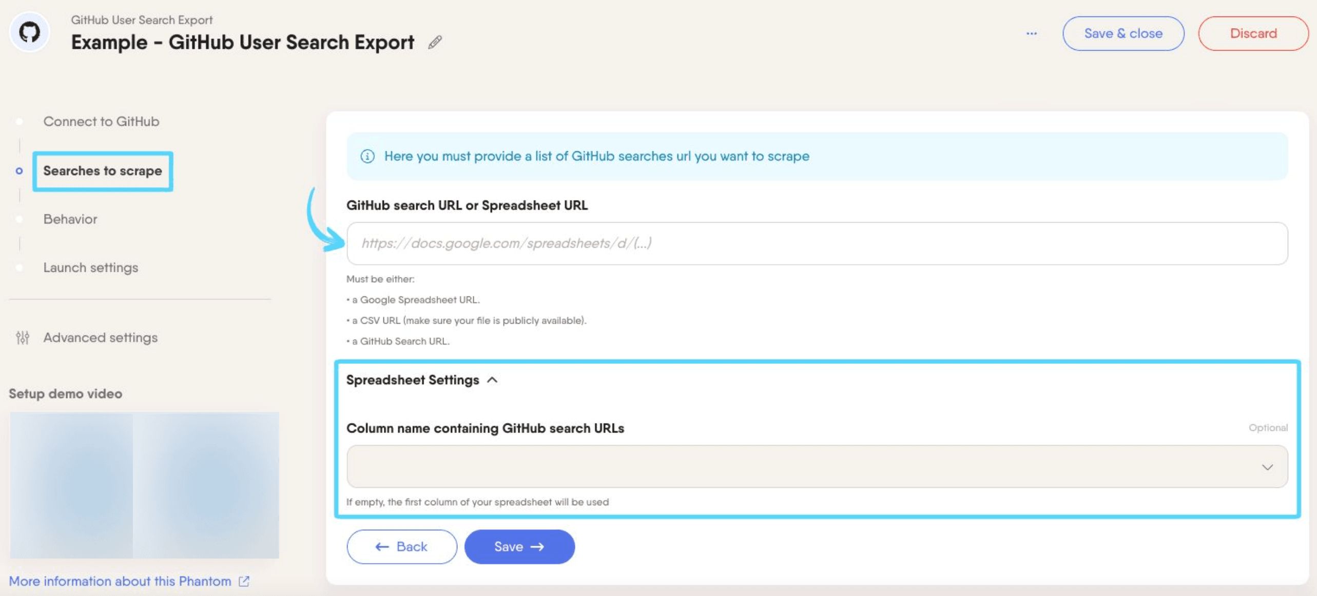 PhantomBuster GitHub User Search Export step 2 providing the GitHub user search URLs
