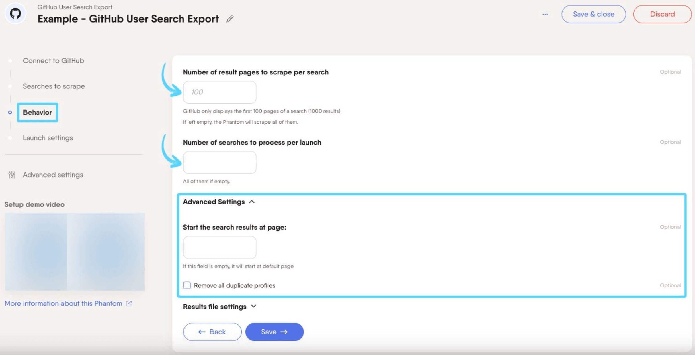 PhantomBuster GitHub User Search Export step 3 configuring result pages and searches per launch
