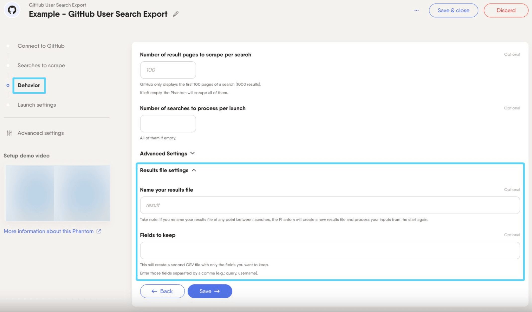 PhantomBuster GitHub User Search Export step 3 results file settings