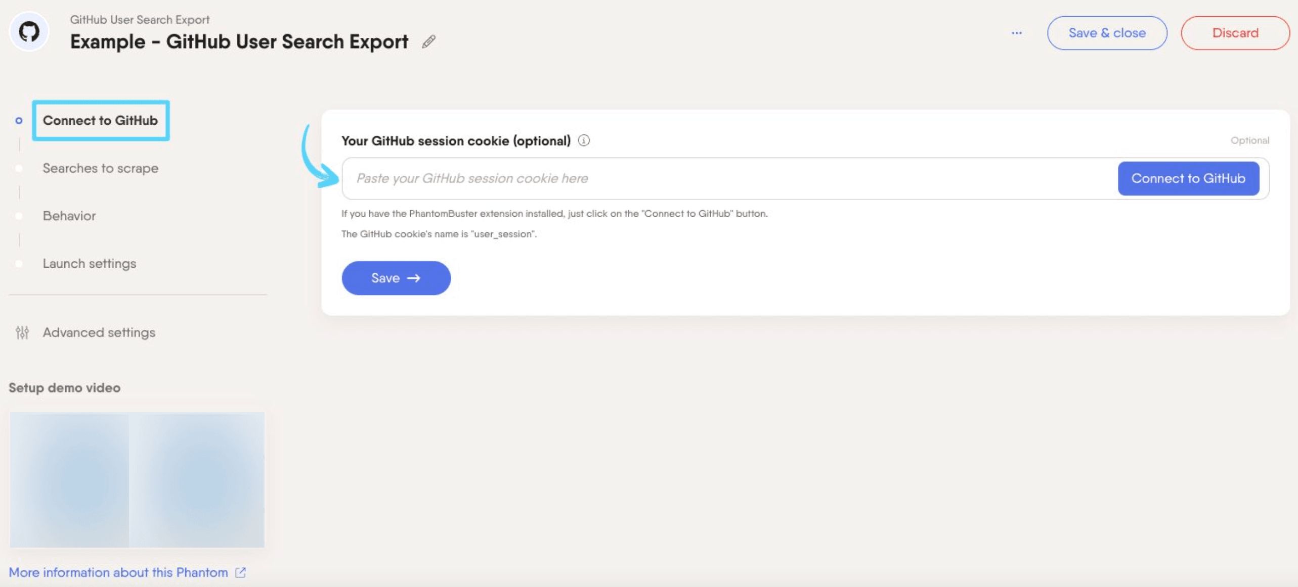 PhantomBuster GitHub User Search Export step 1 connecting a GitHub account