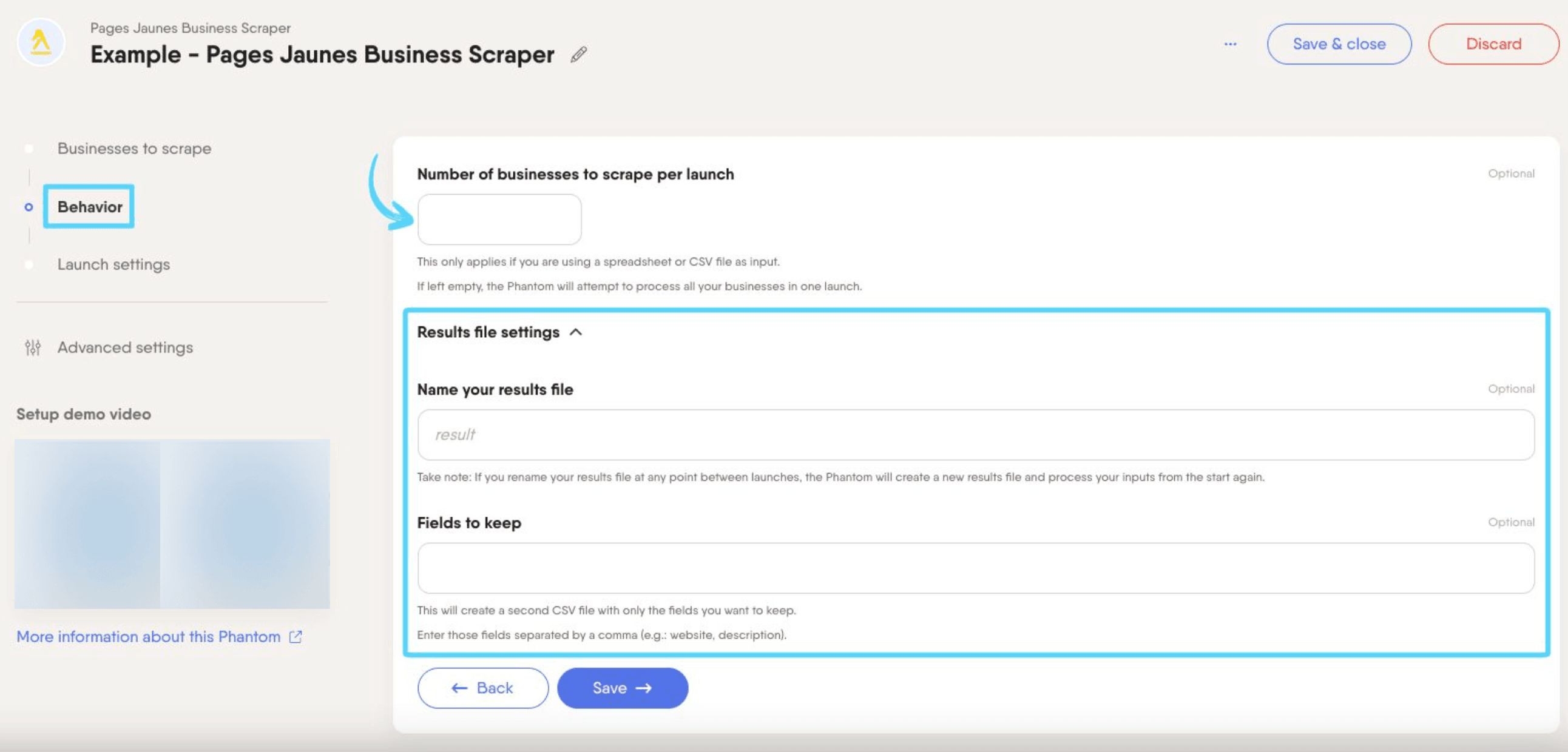 PhantomBuster Pages Jaunes Business Scraper step 2 setting the number of businesses to scrape and results settings