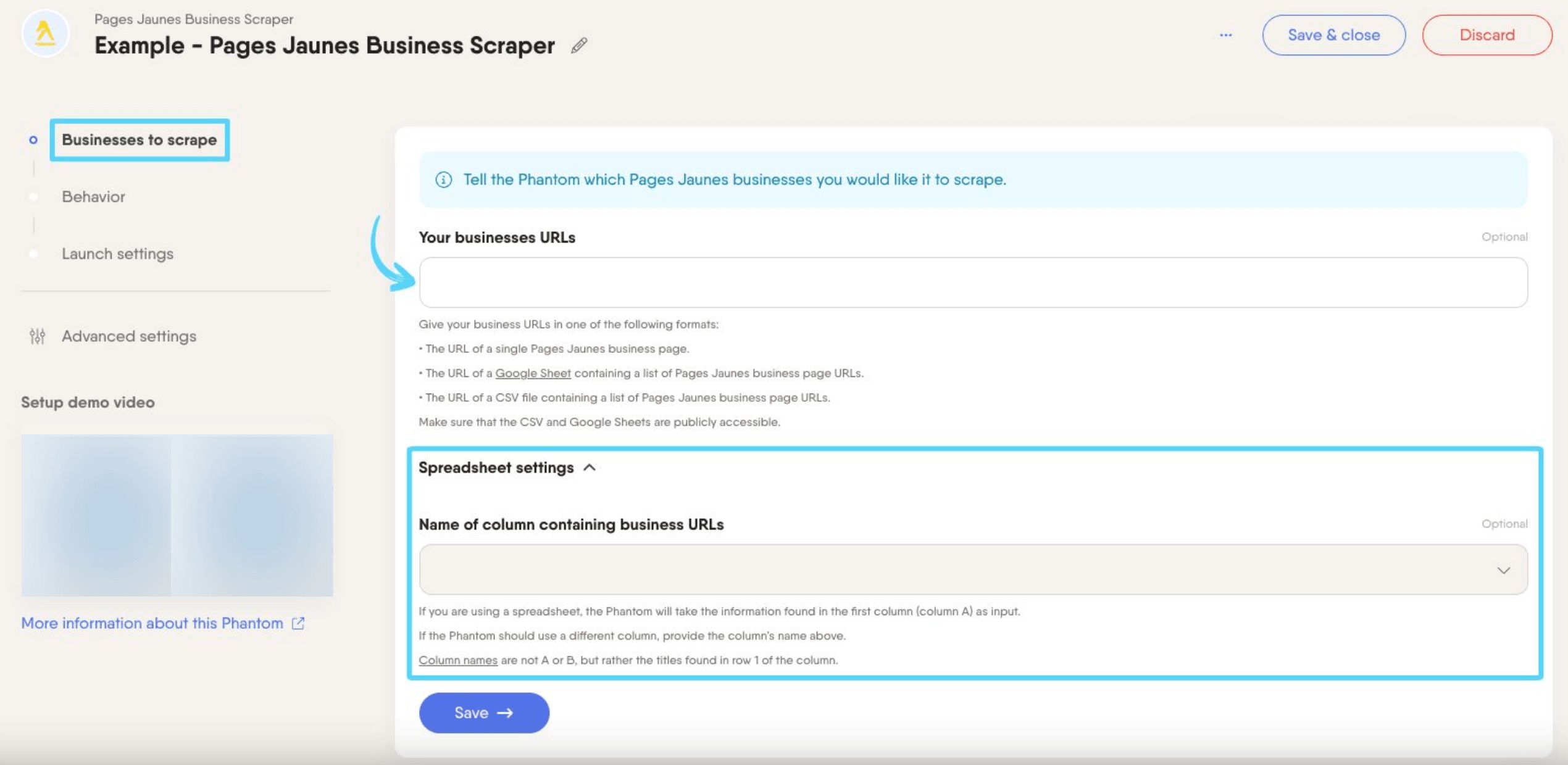 PhantomBuster Pages Jaunes Business Scraper step 1 providing the Pages Jaunes business URLs