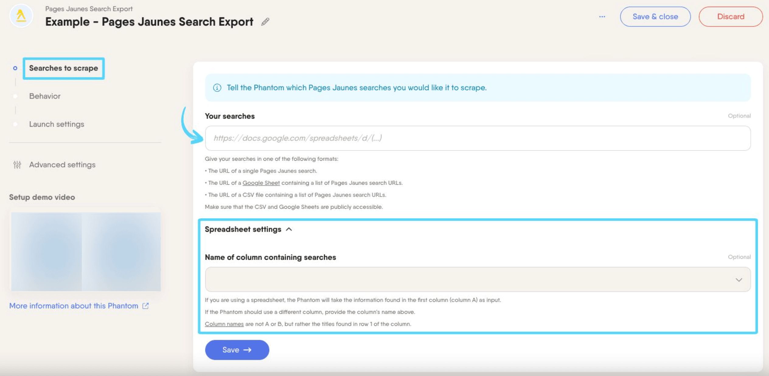 PhantomBuster Pages Jaunes Search Export step 1 providing the Pages Jaunes search URLs