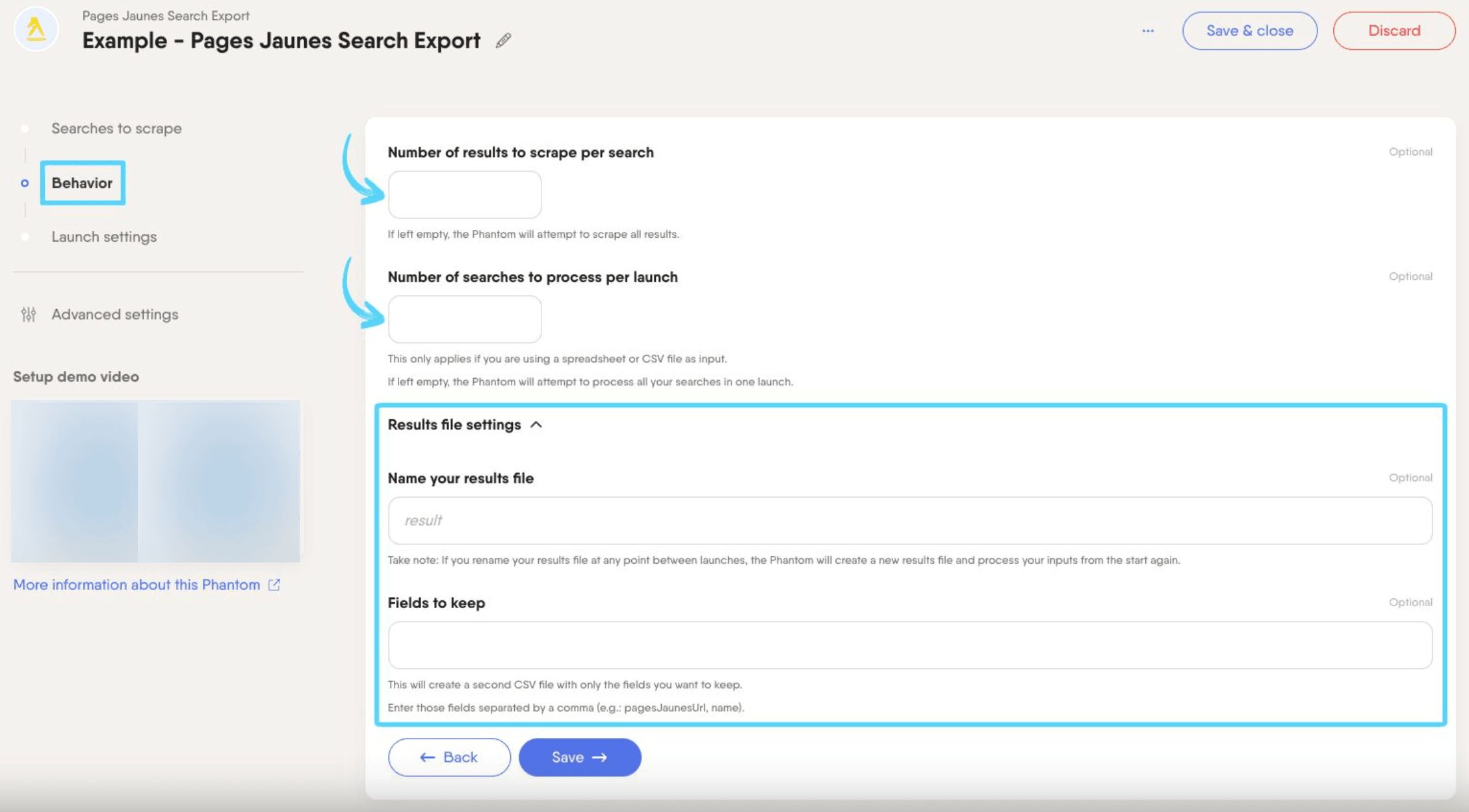 PhantomBuster Pages Jaunes Search Export step 2 setting results per search and searches per launch