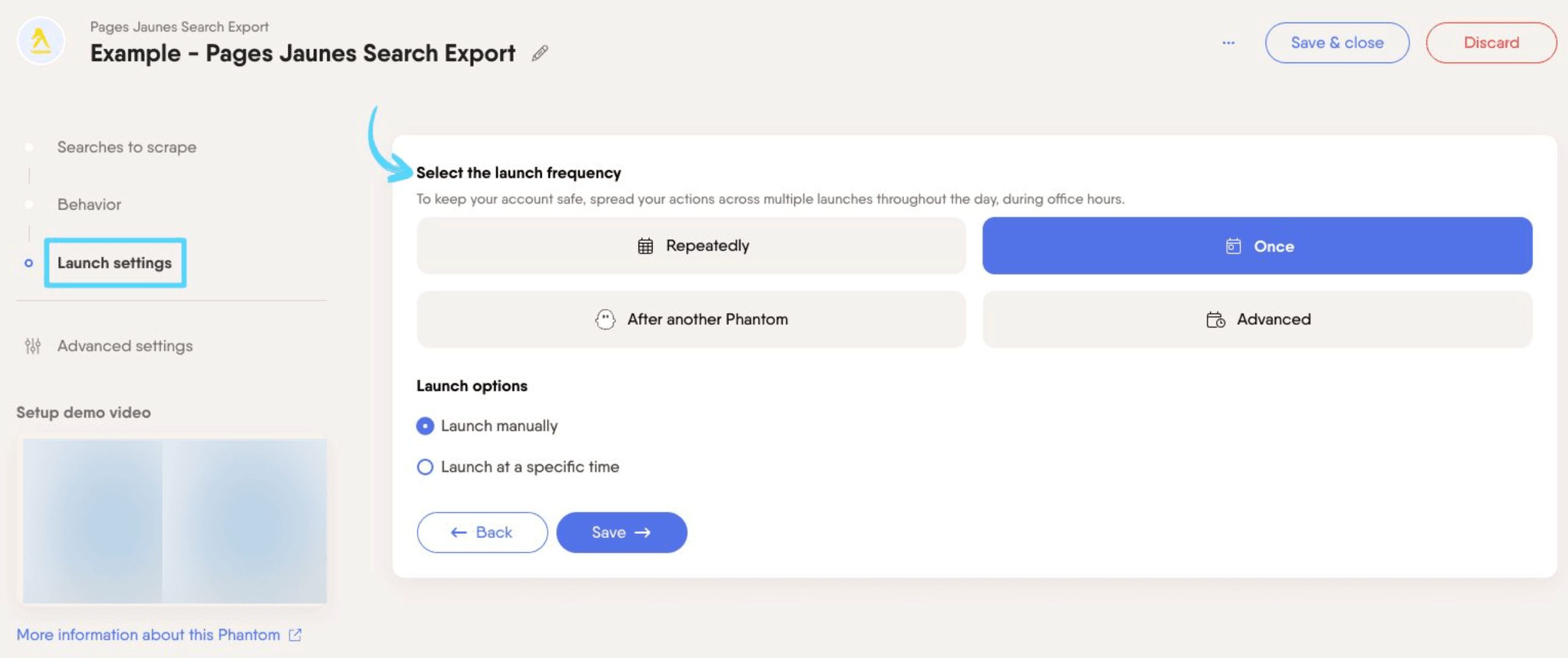 PhantomBuster Pages Jaunes Search Export step 3 selecting the launch frequency