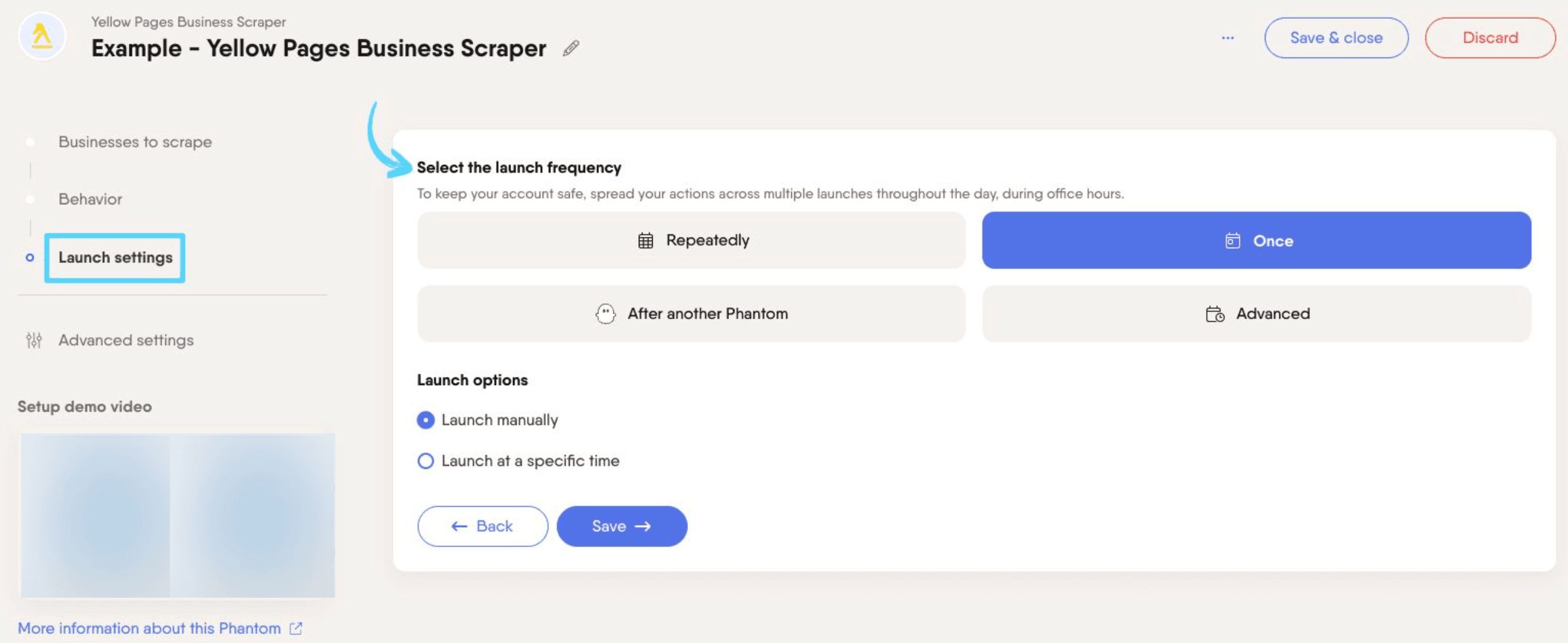 PhantomBuster Yellow Pages Business Scraper step 3 selecting the launch frequency