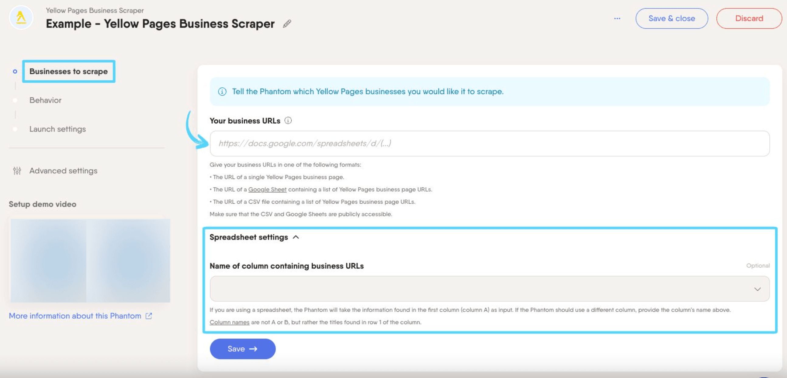 PhantomBuster Yellow Pages Business Scraper step 1 providing the Yellow Pages business URLs