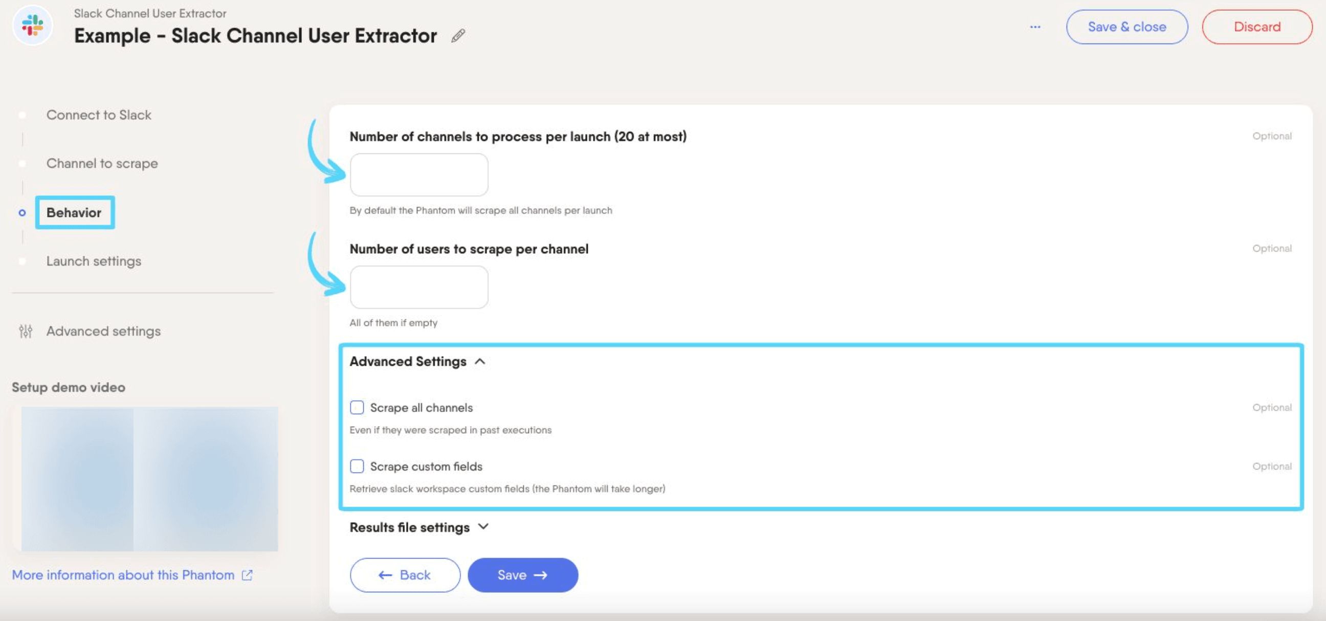 PhantomBuster Slack Channel User Extractor step 3 configuring extraction options