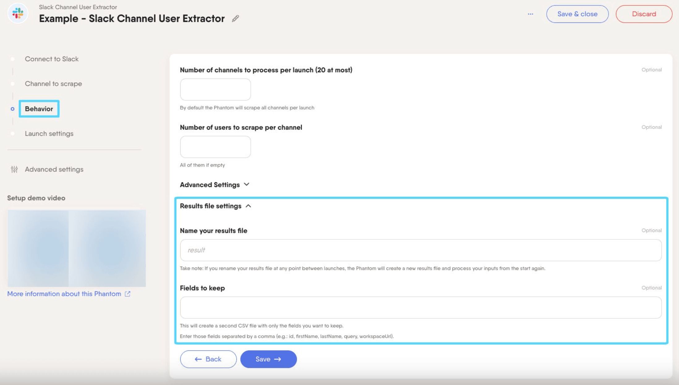 PhantomBuster Slack Channel User Extractor step 3 result file settings