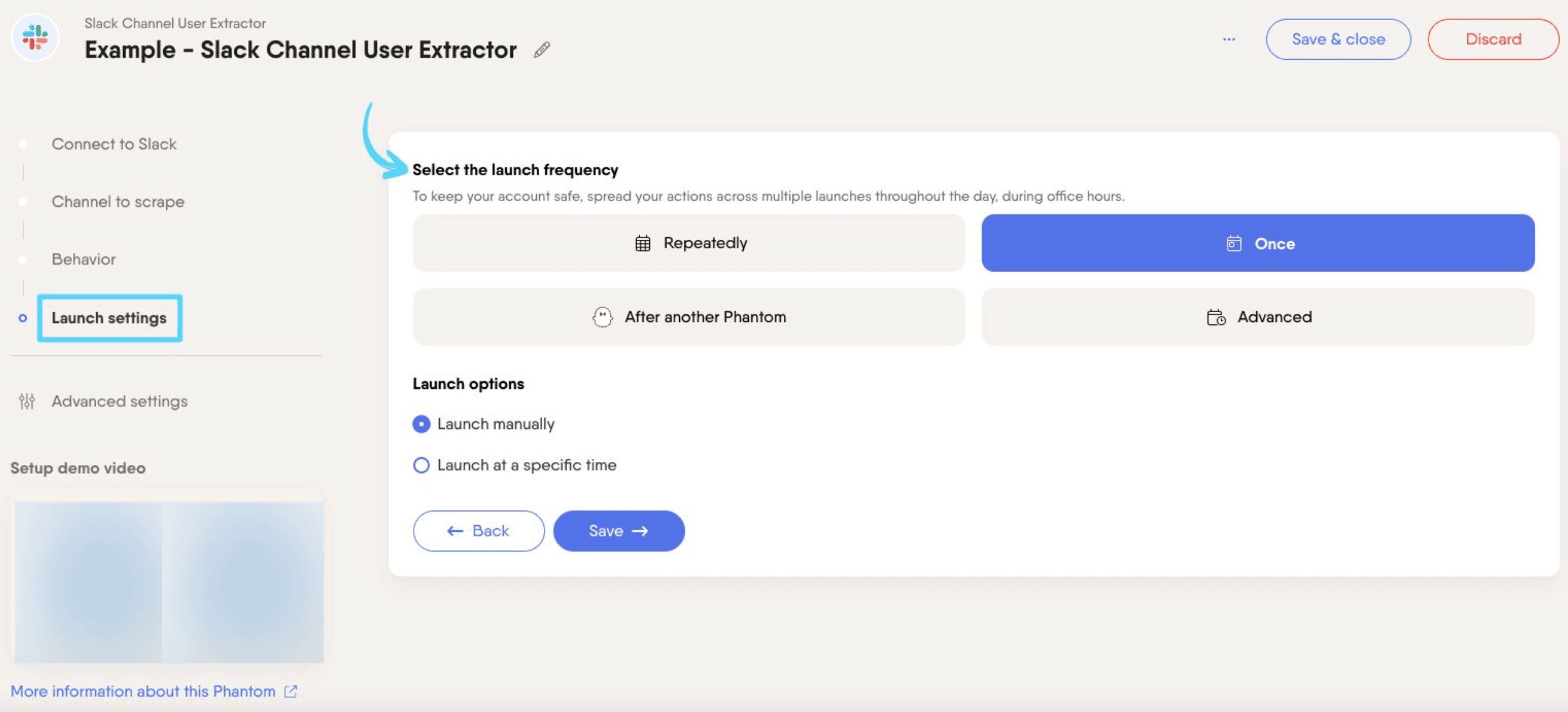 PhantomBuster Slack Channel User Extractor step 4 selecting launch frequency