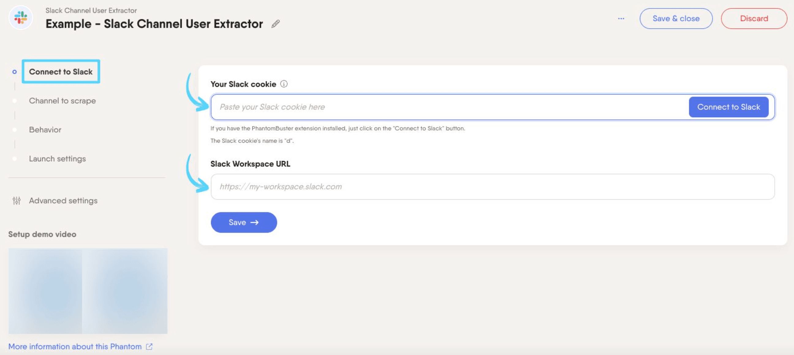 PhantomBuster Slack Channel User Extractor step 1 connecting your Slack account