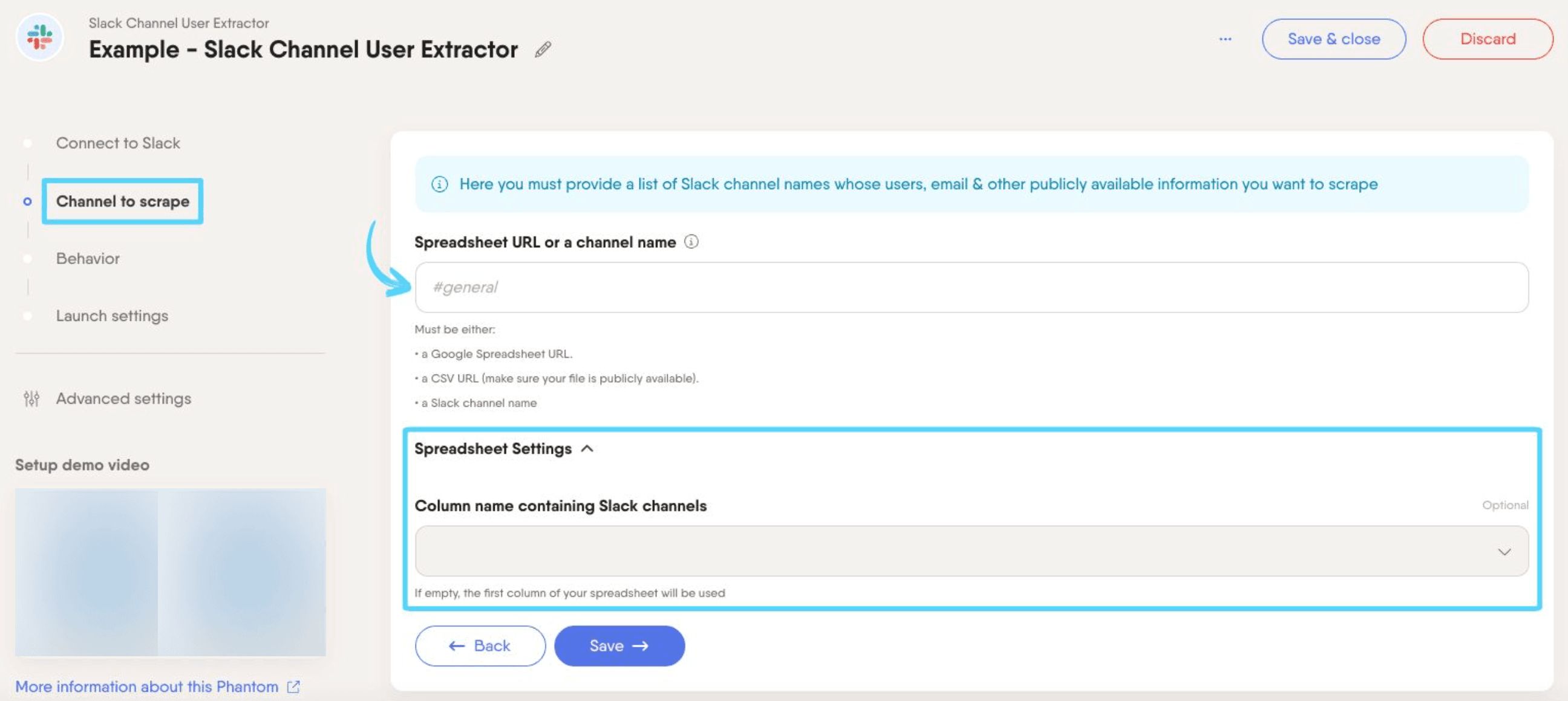 PhantomBuster Slack Channel User Extractor step 2 providing the channels to extract