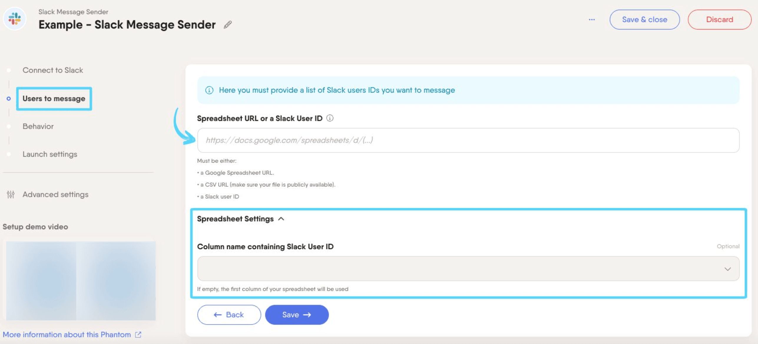 PhantomBuster Slack Message Sender step 2 providing the list of recipients