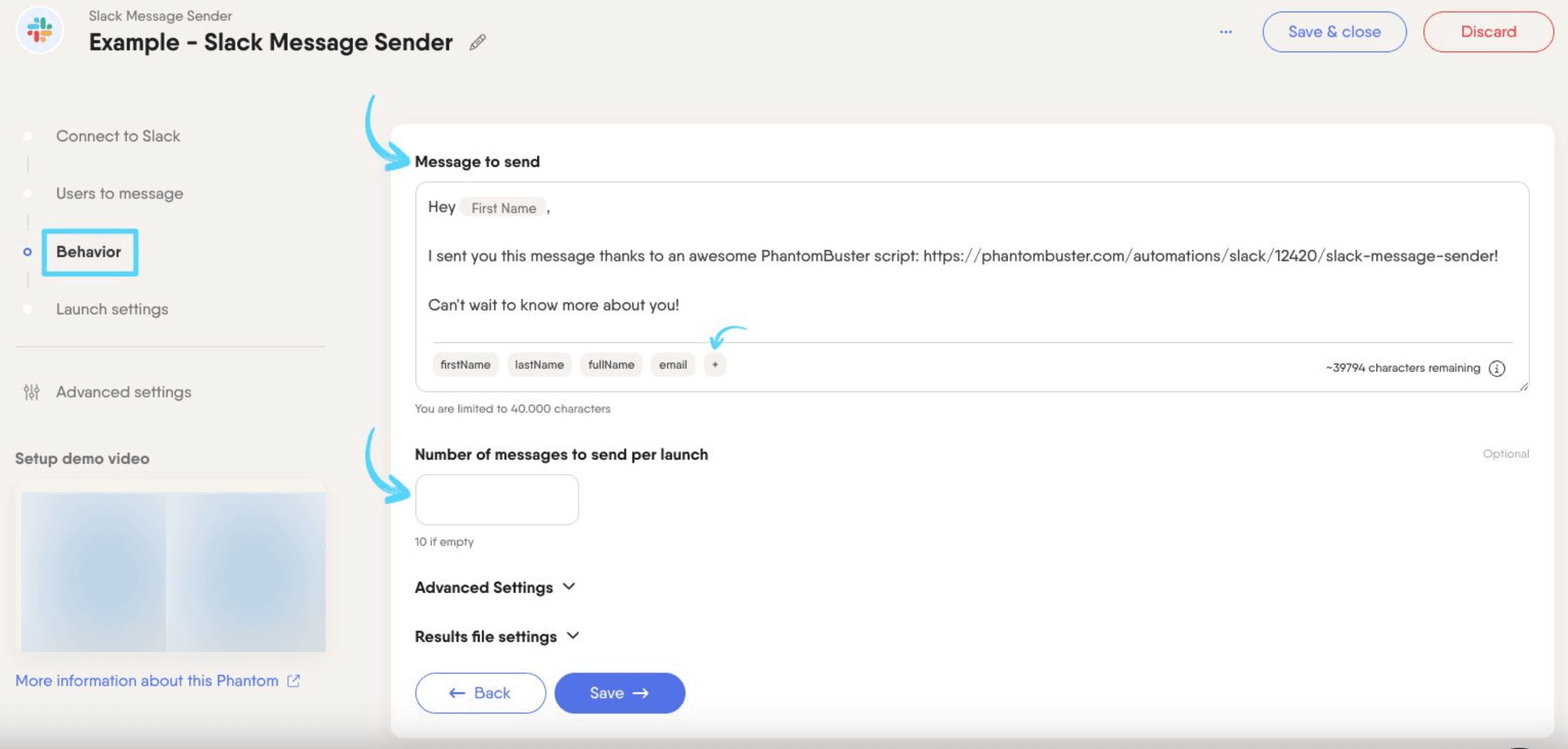 PhantomBuster Slack Message Sender step 3 writing and personalizing your message