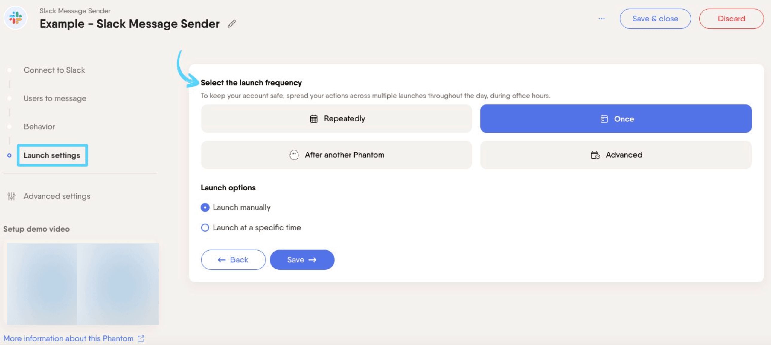 PhantomBuster Slack Message Sender step 4 selecting launch frequency