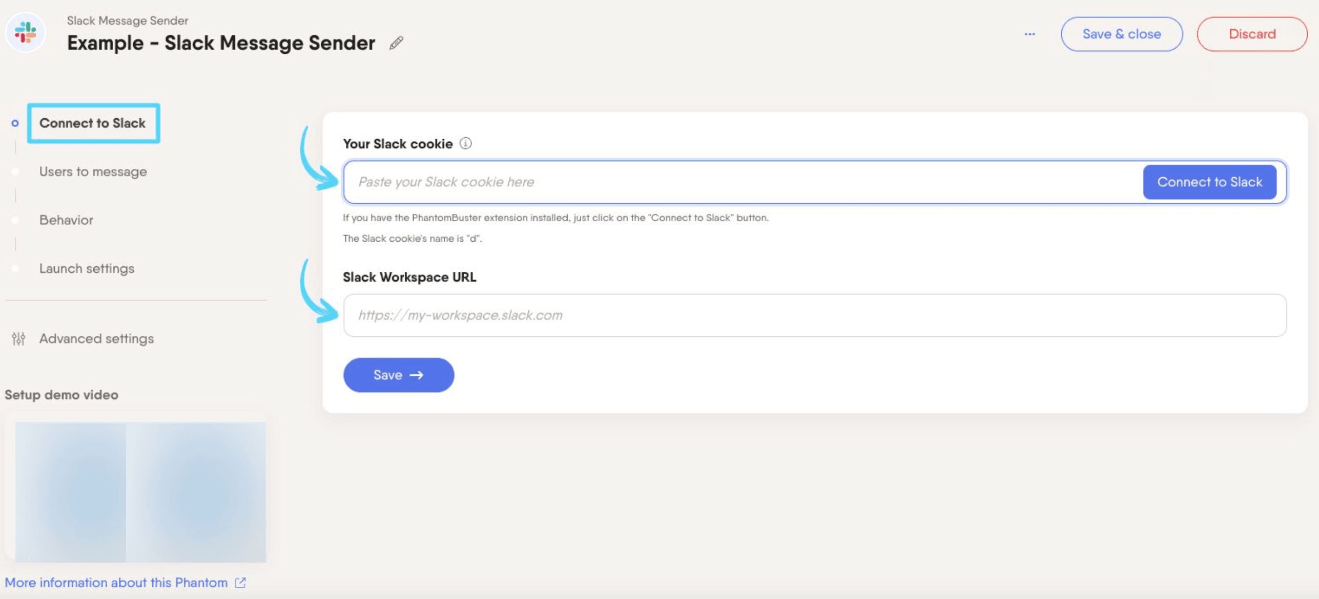 PhantomBuster Slack Message Sender step 1 connecting your Slack account