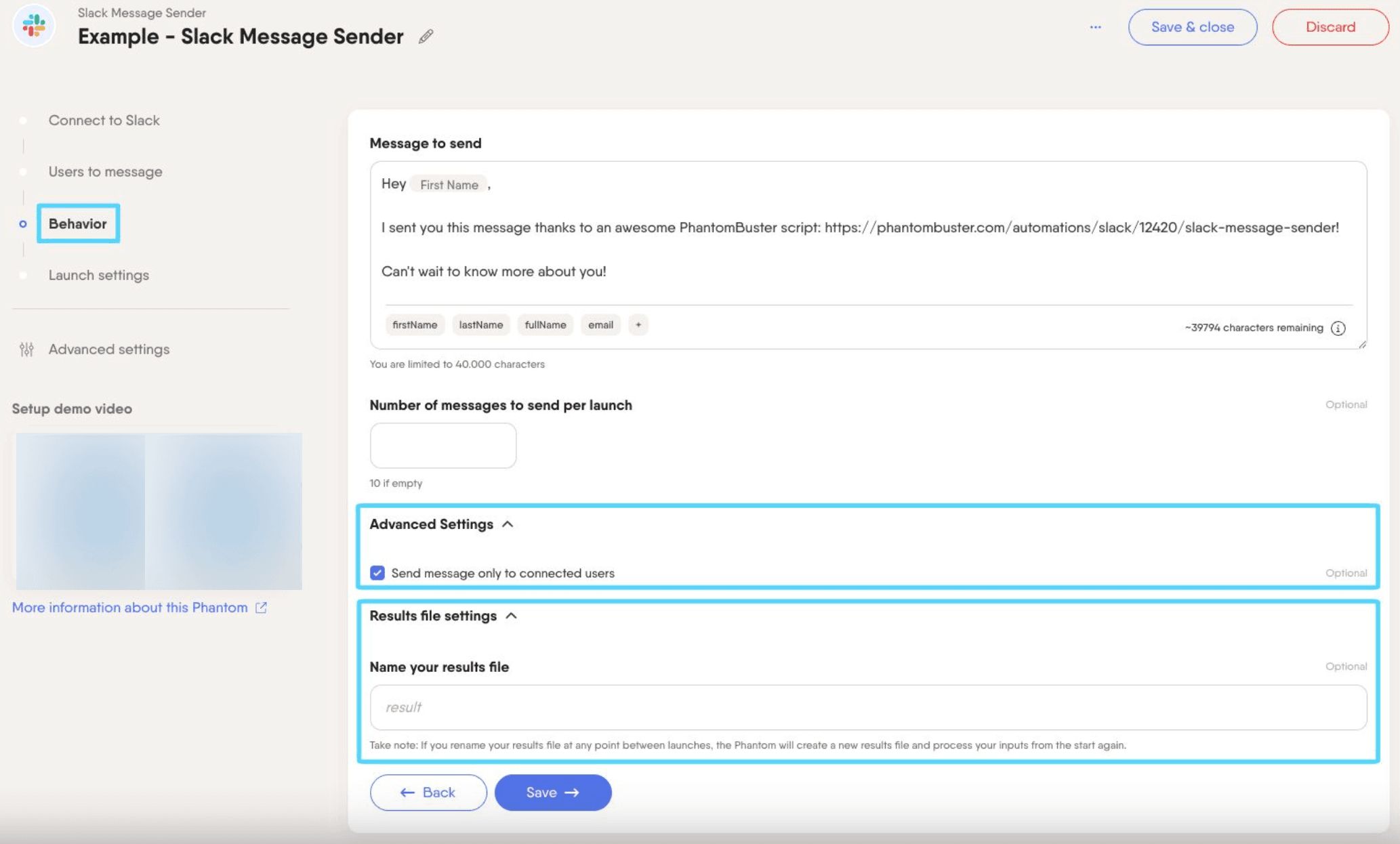 PhantomBuster Slack Message Sender step 3 message customization tags drop-down menus