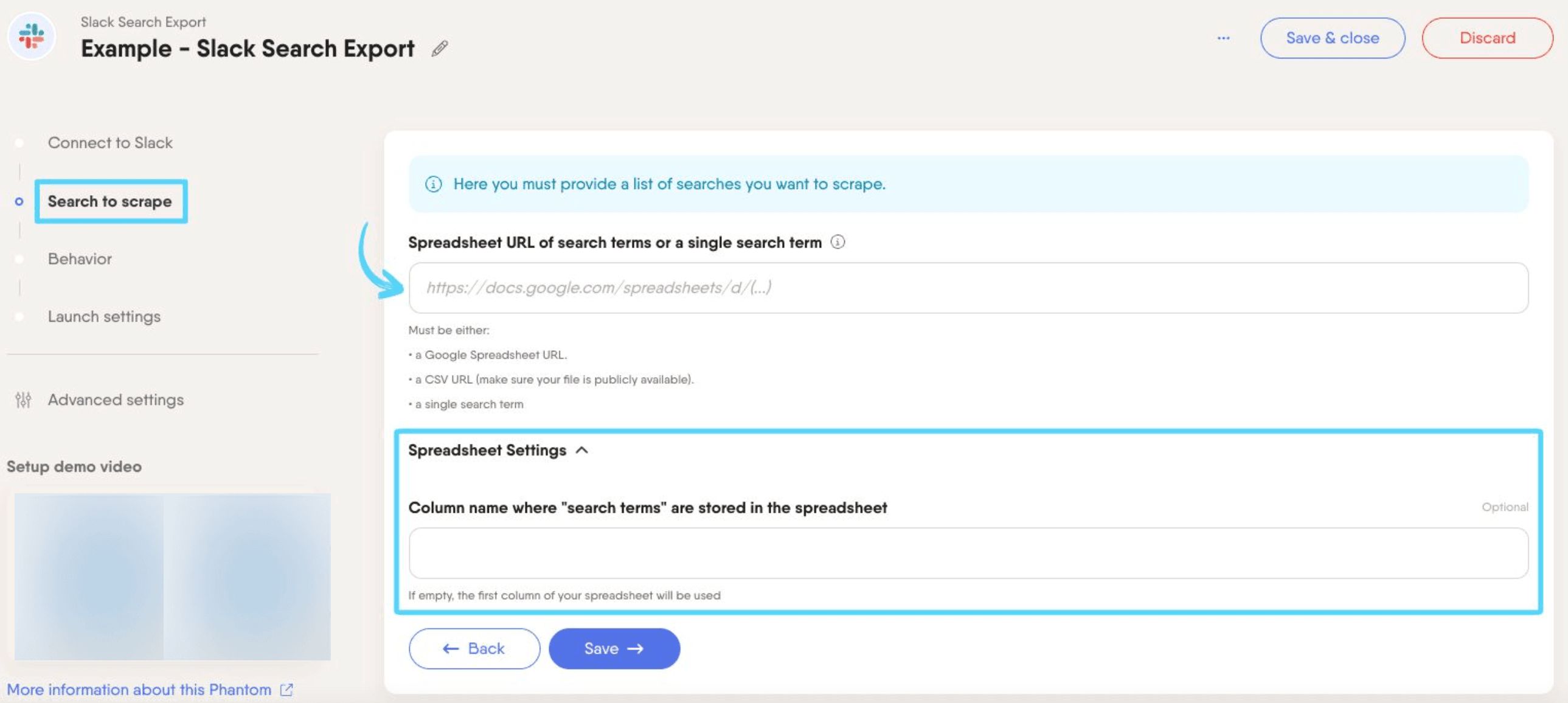 PhantomBuster Slack Search Export step 2 providing your search terms