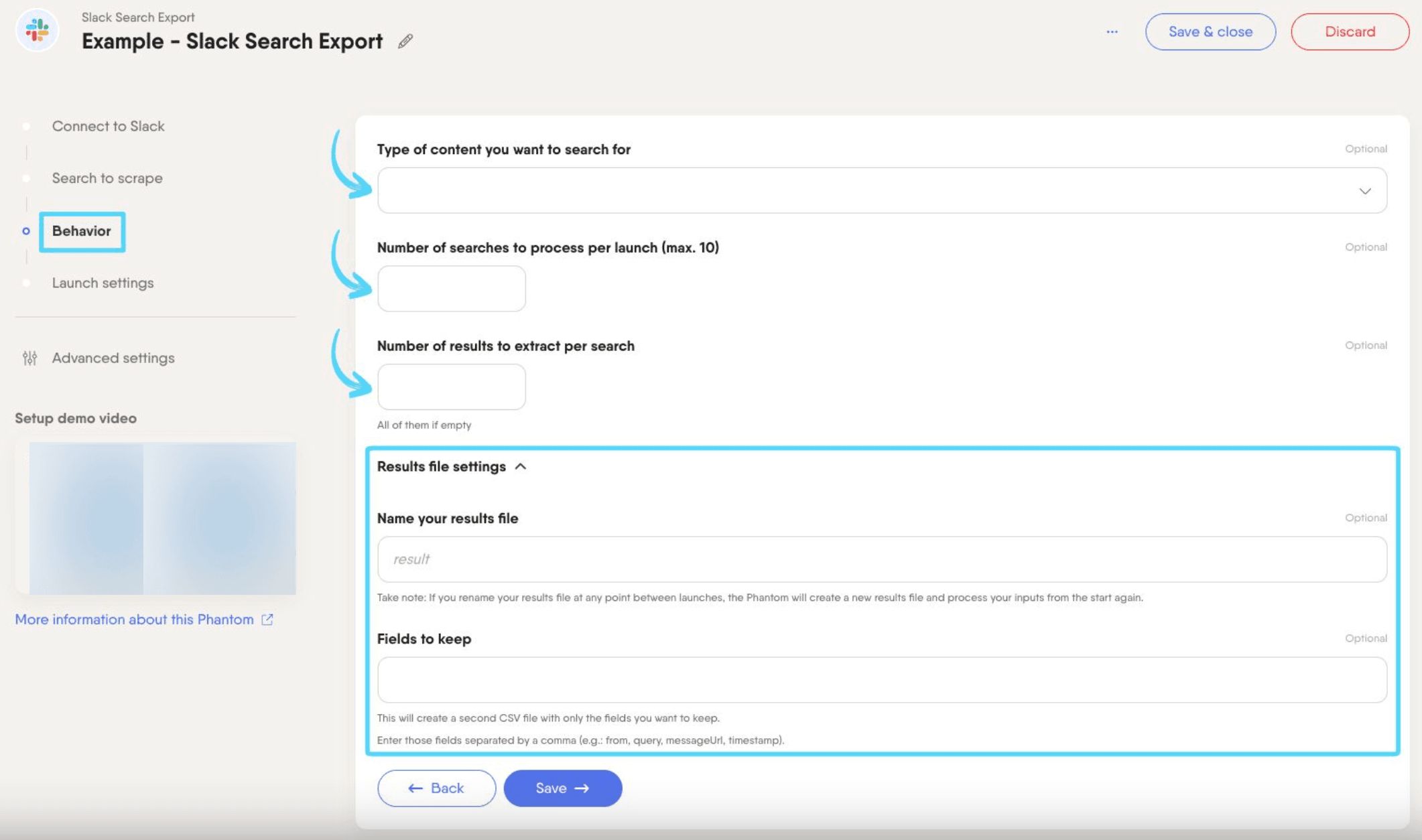PhantomBuster Slack Search Export step 3 configuring extraction options