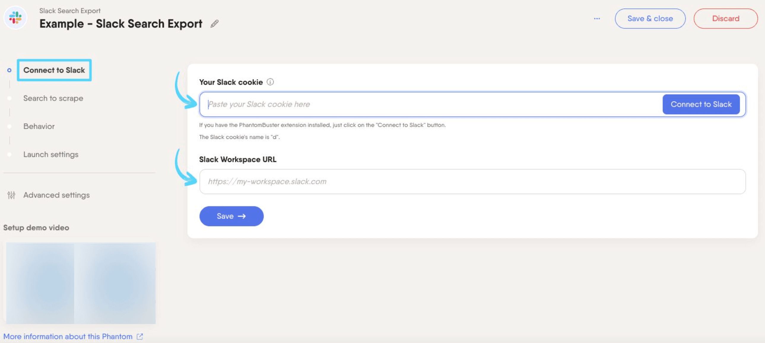 PhantomBuster Slack Search Export step 1 connecting your Slack account