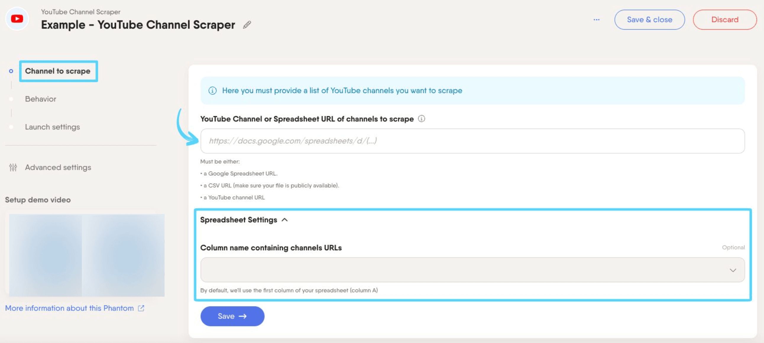 PhantomBuster YouTube Channel Scraper step 1 providing your channel URLs