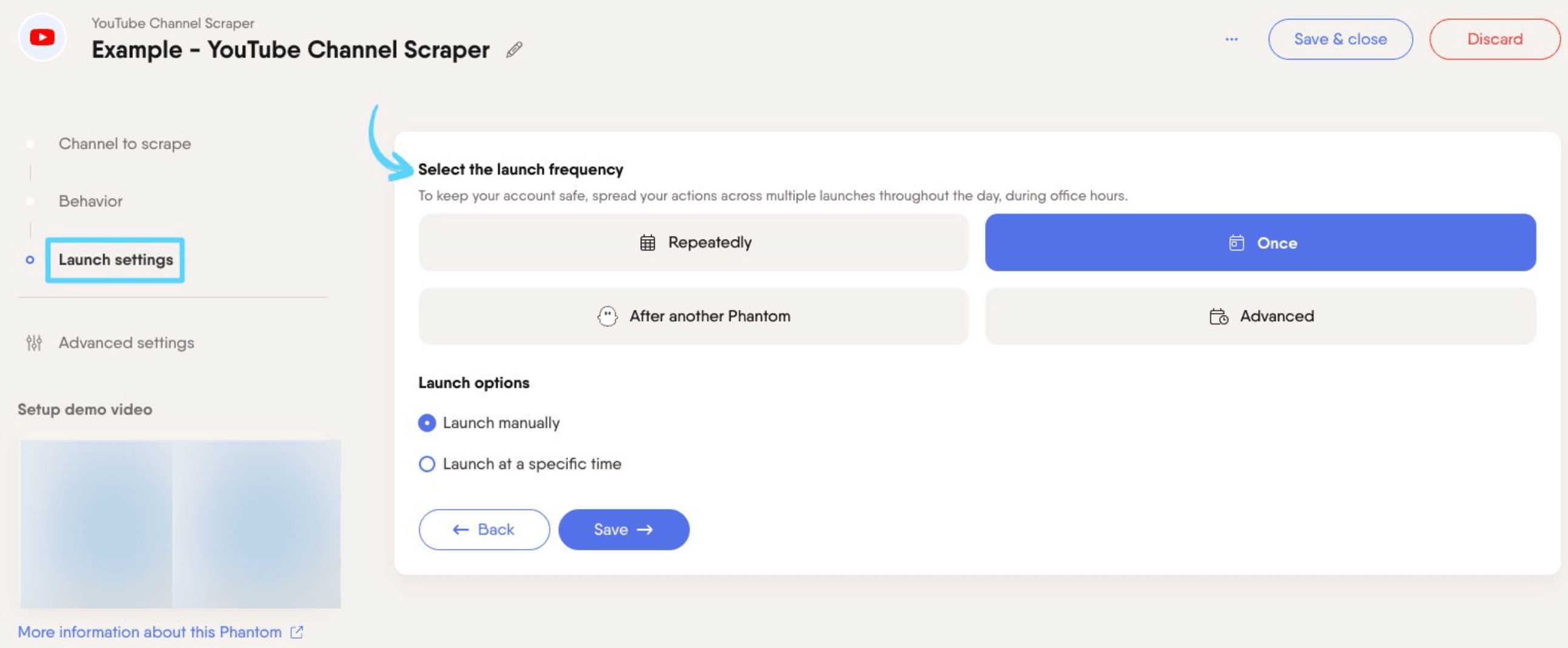 PhantomBuster YouTube Channel Scraper step 3 selecting launch frequency