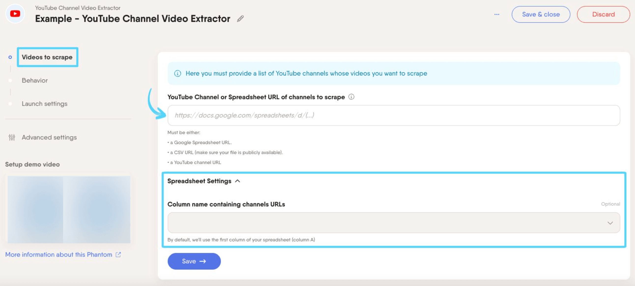PhantomBuster YouTube Channel Video Extractor step 1 providing your channel URLs