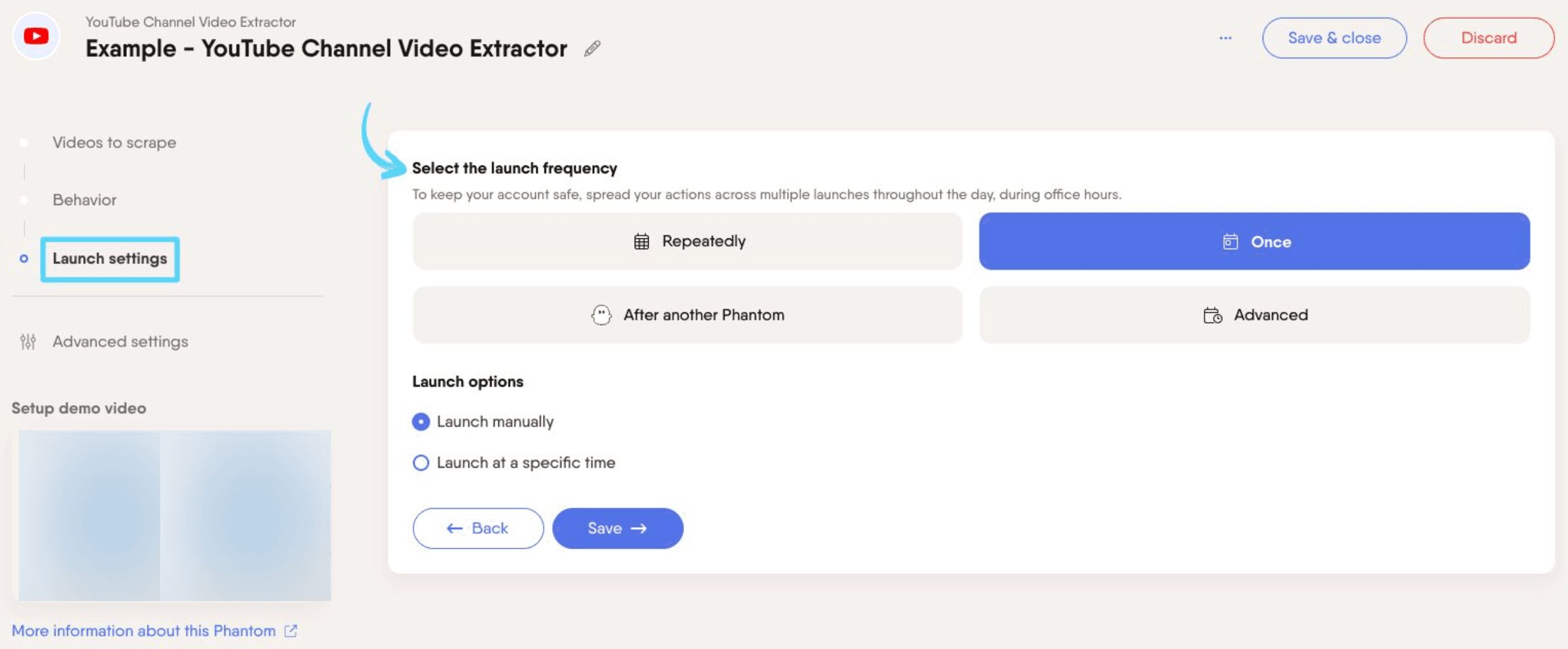 PhantomBuster YouTube Channel Video Extractor step 3 selecting launch frequency