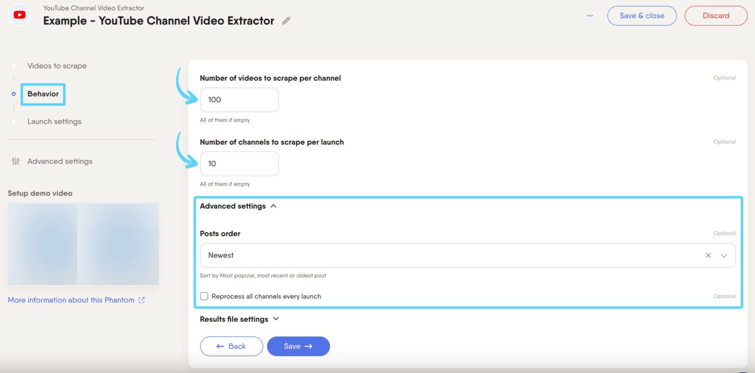 PhantomBuster YouTube Channel Video Extractor step 2 configuring extraction settings
