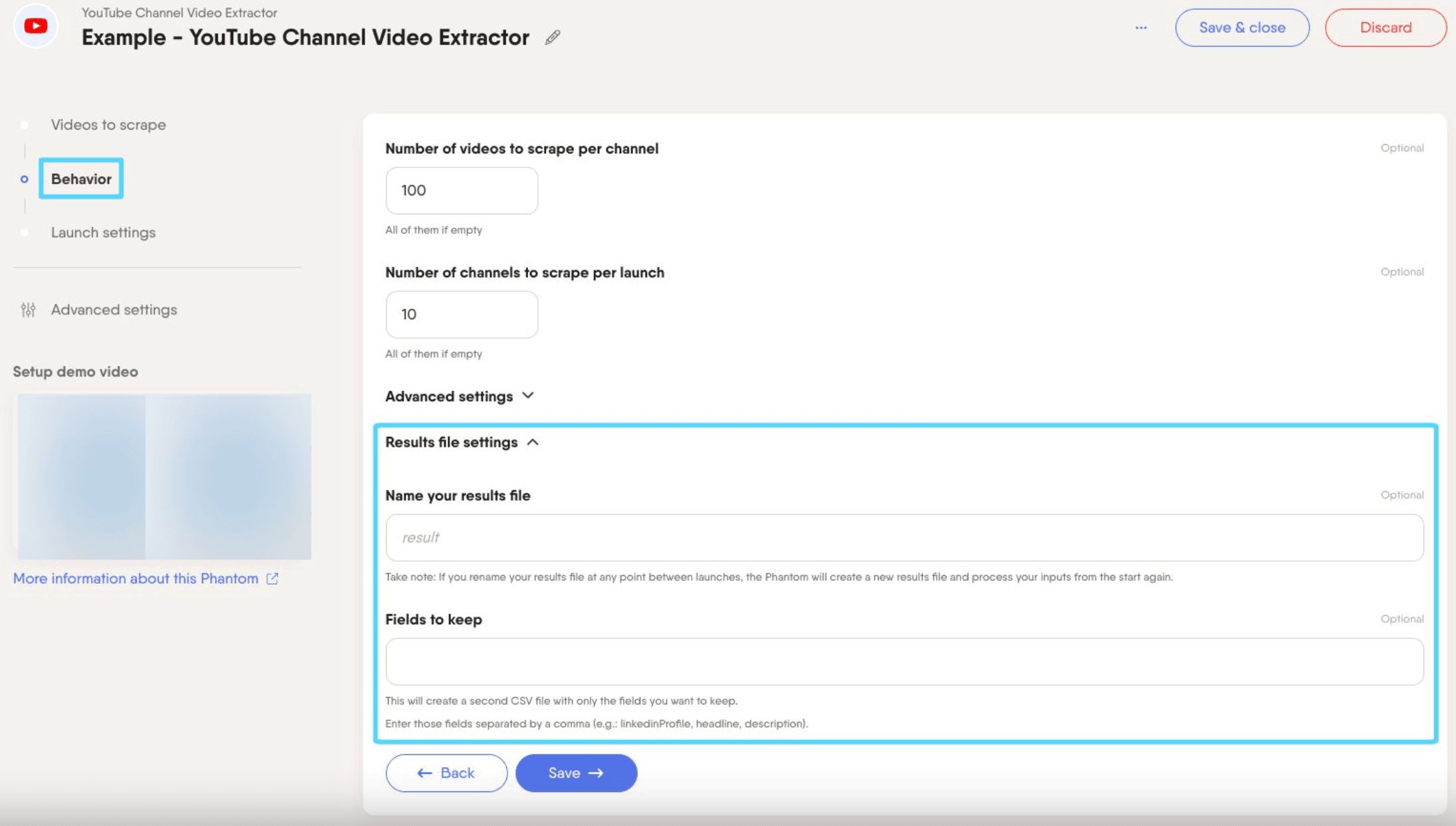 PhantomBuster YouTube Channel Video Extractor step 2 result file settings