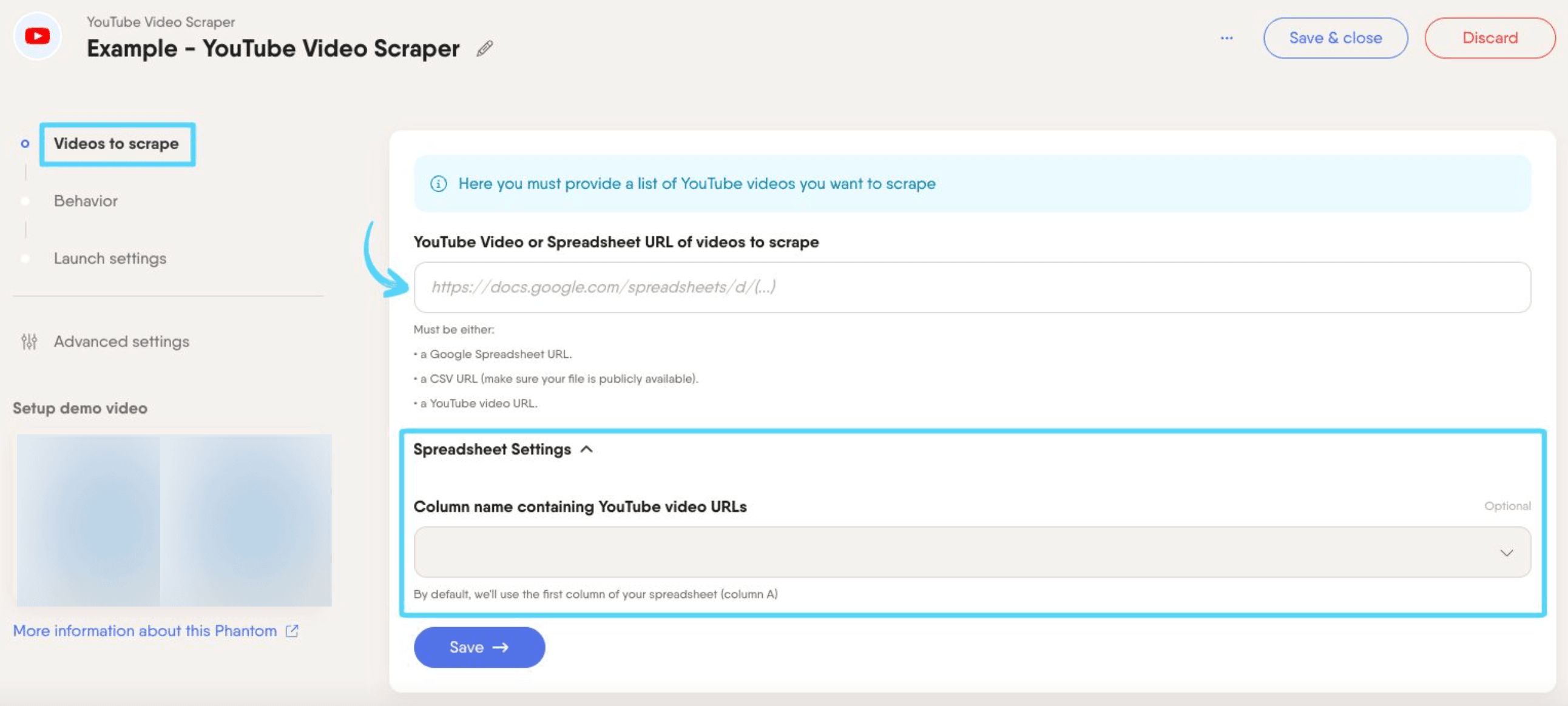 PhantomBuster YouTube Video Scraper step 1 providing your video URLs