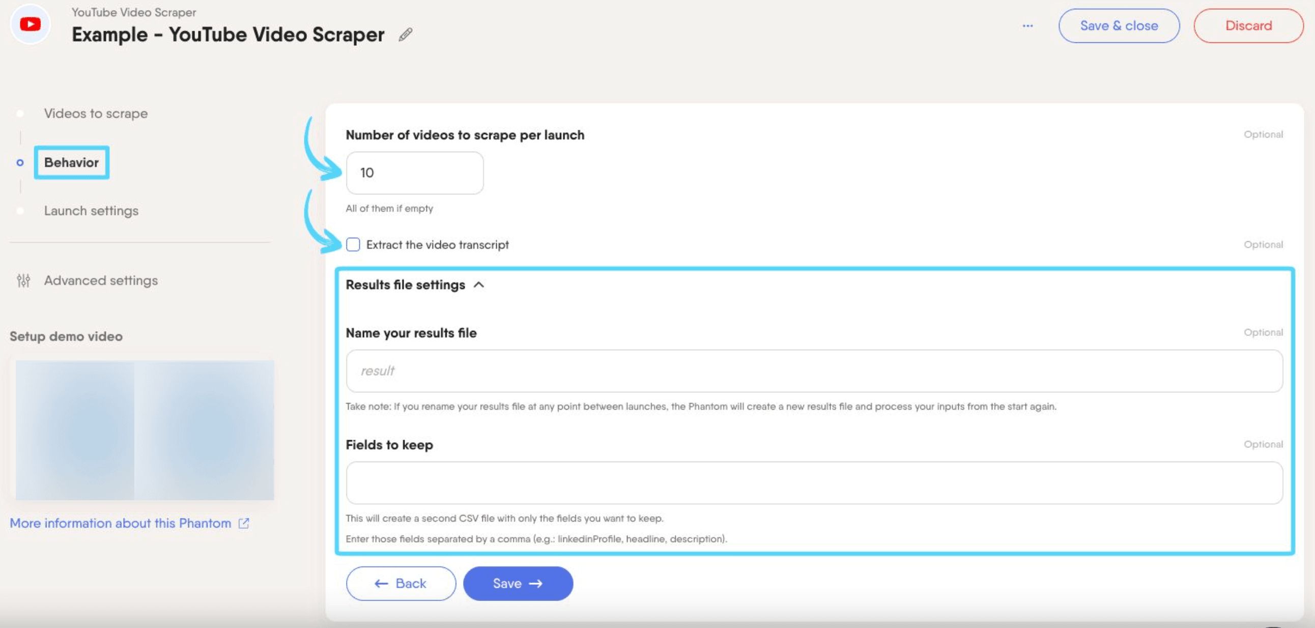 PhantomBuster YouTube Video Scraper step 2 configuring extraction settings