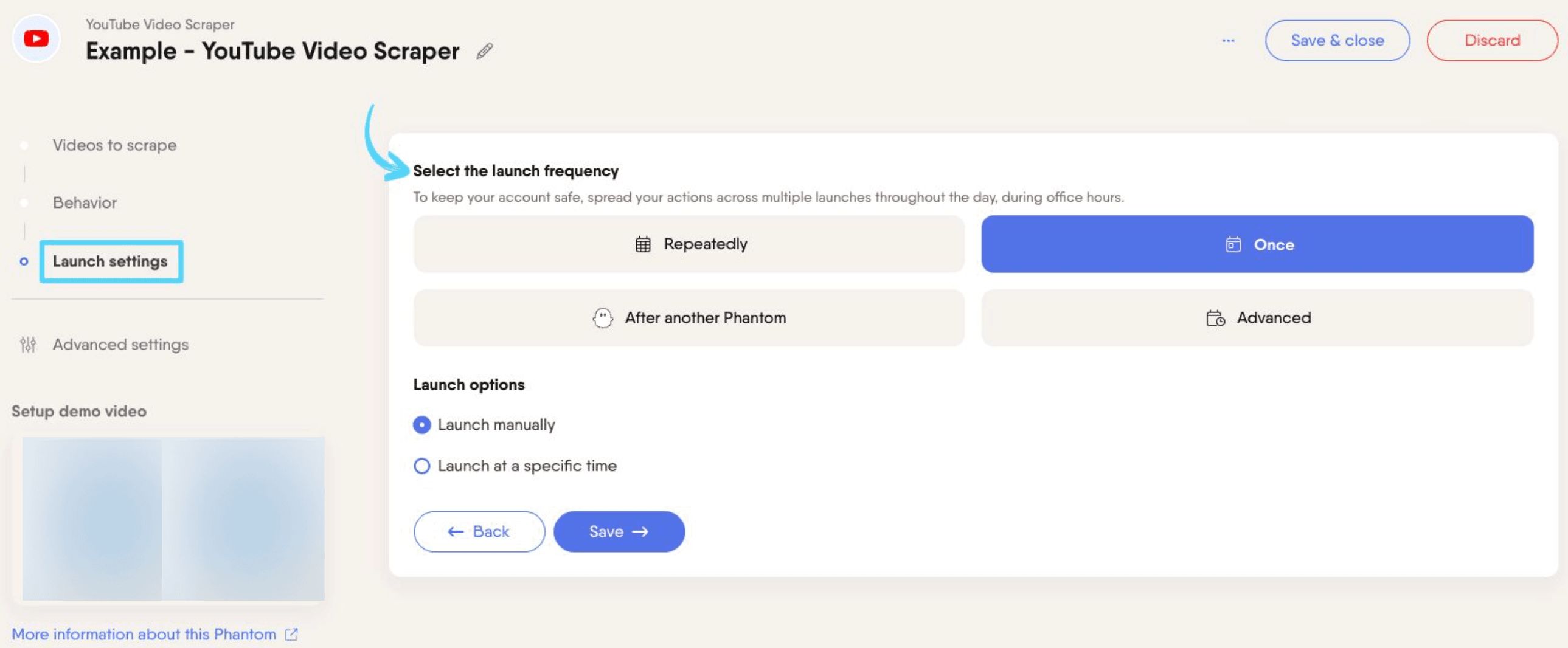 PhantomBuster YouTube Video Scraper step 3 selecting launch frequency